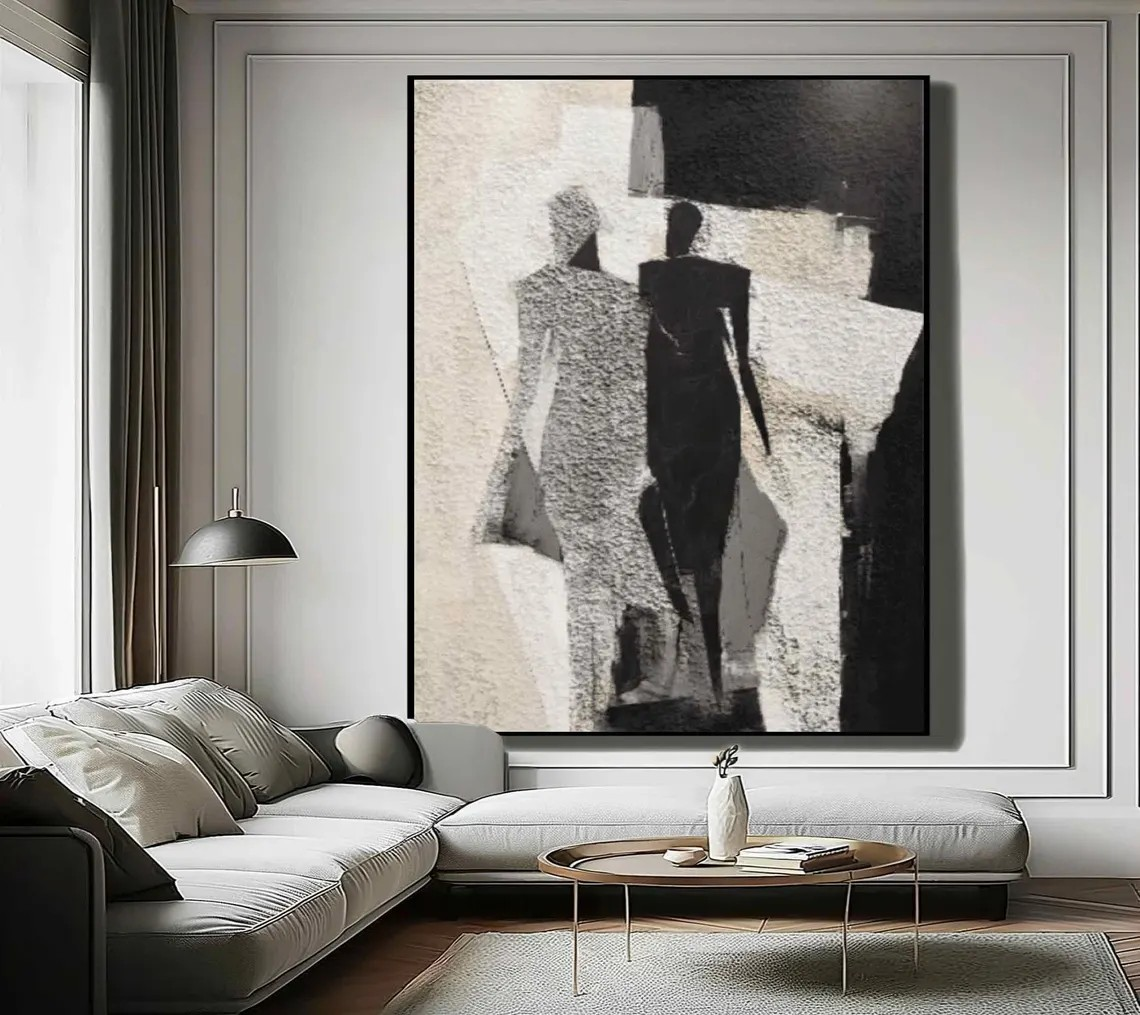 Modern Abstract Figurative Painting – Black & White Silhouettes