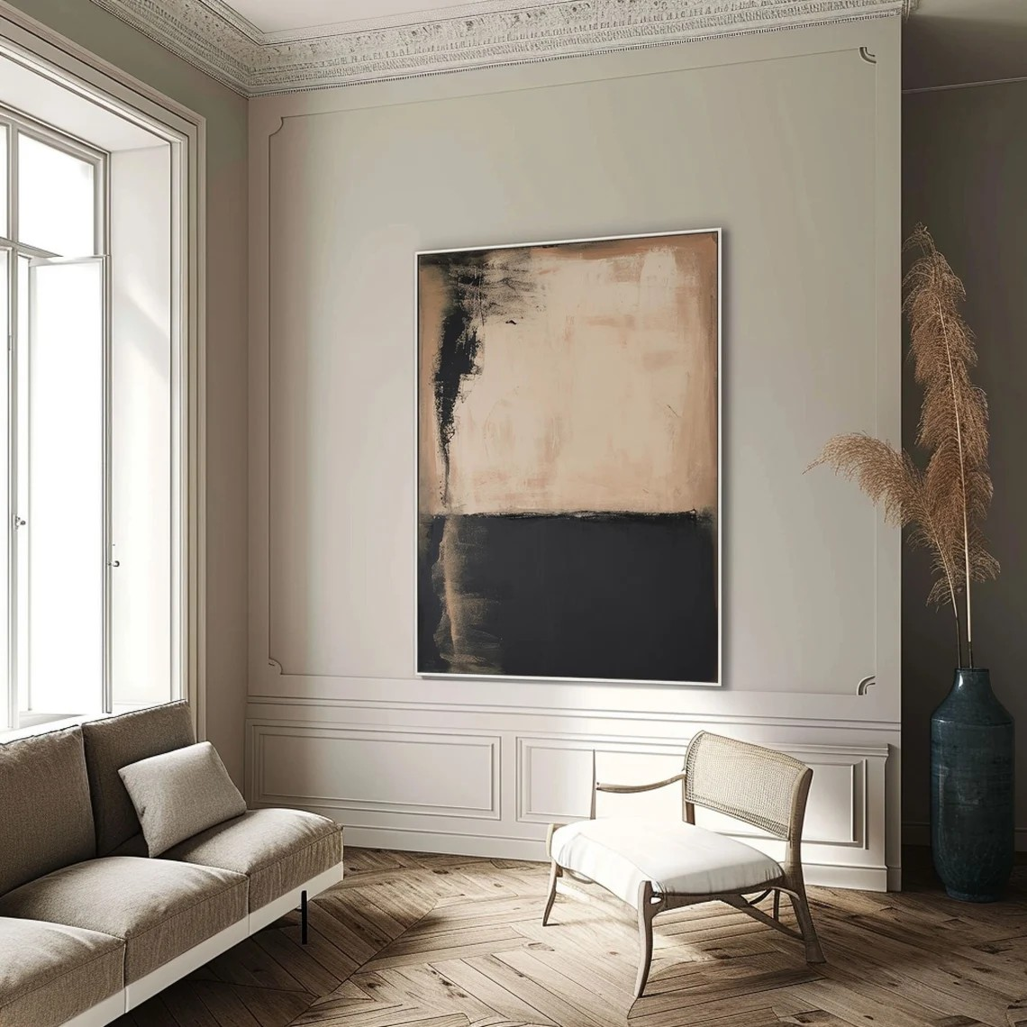 Minimalist Beige & Black Abstract - Large Canvas Art #AP 117