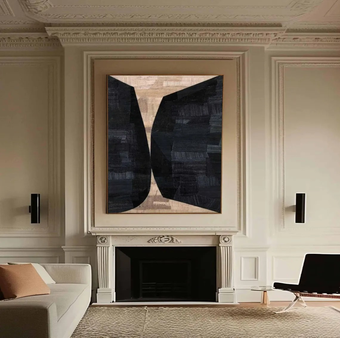 Geometric Abstract Painting Black and Beige Wall Art #AP 091