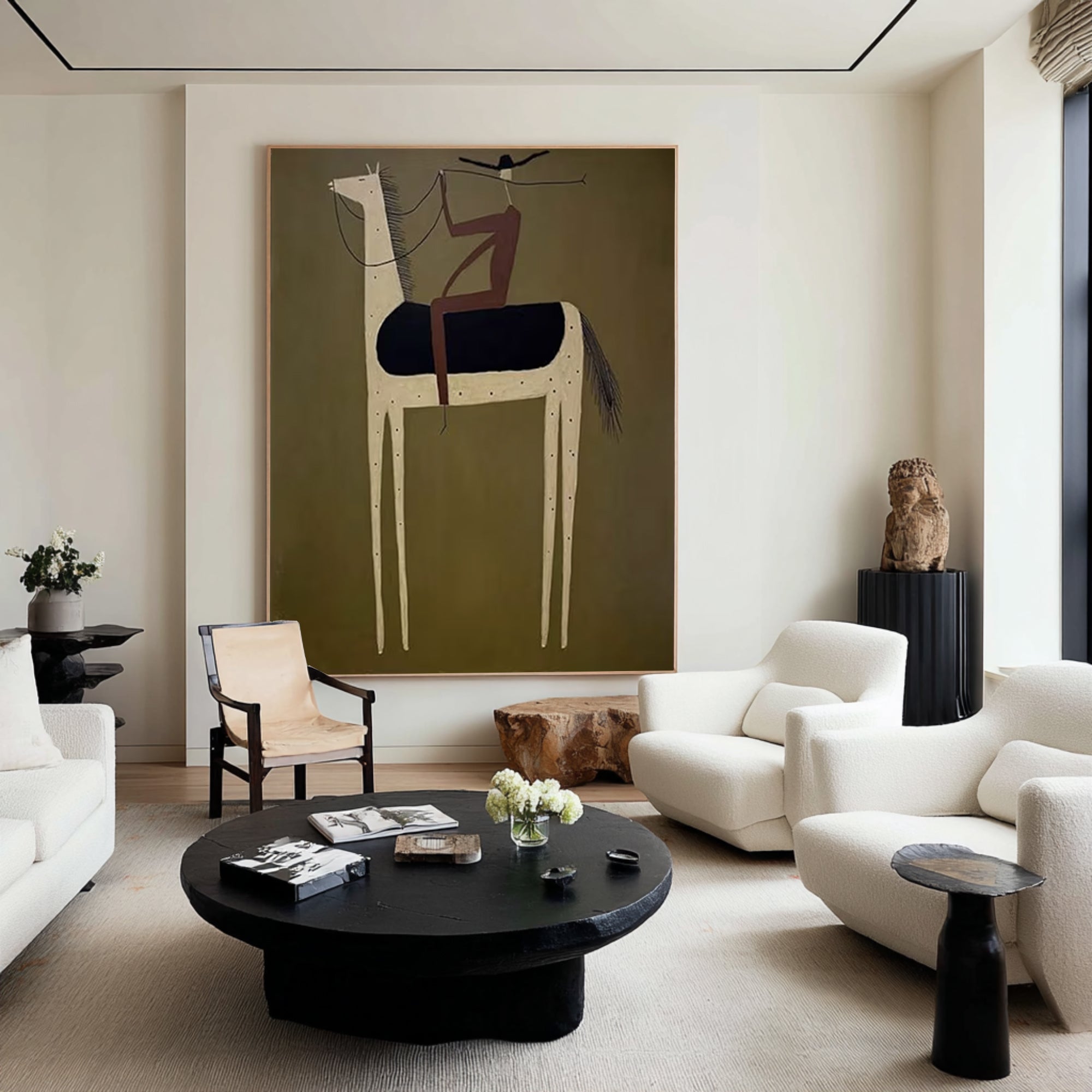Oversized Olive Green Horse Painting Modern Figurative Canvas Art