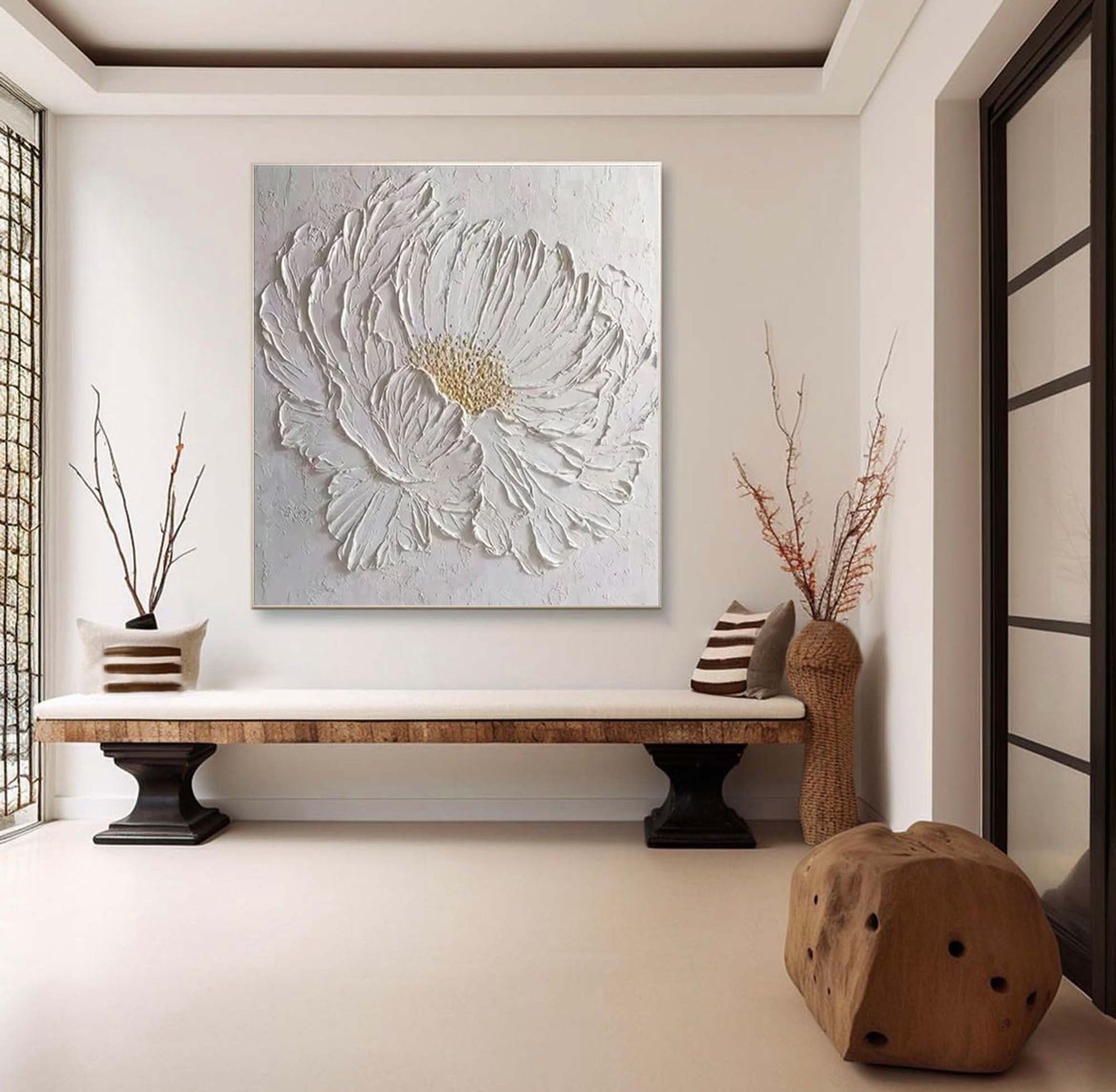 Minimalist White Flower Wall Art Textured Painting for Modern Homes #FT 043