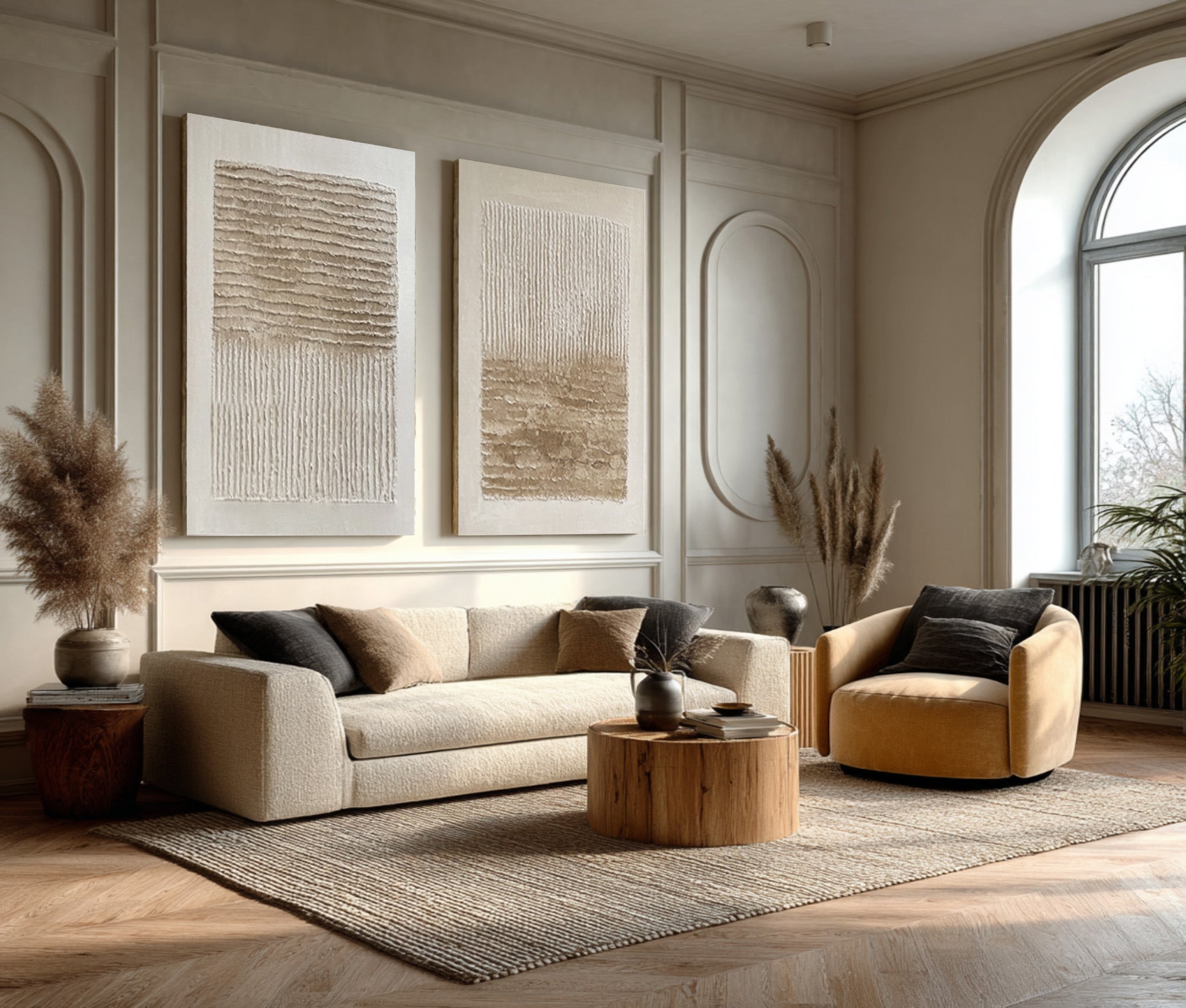 Oversized Impasto Wall Art: Wavy Neutral Panels Set Of 2 #AG 020