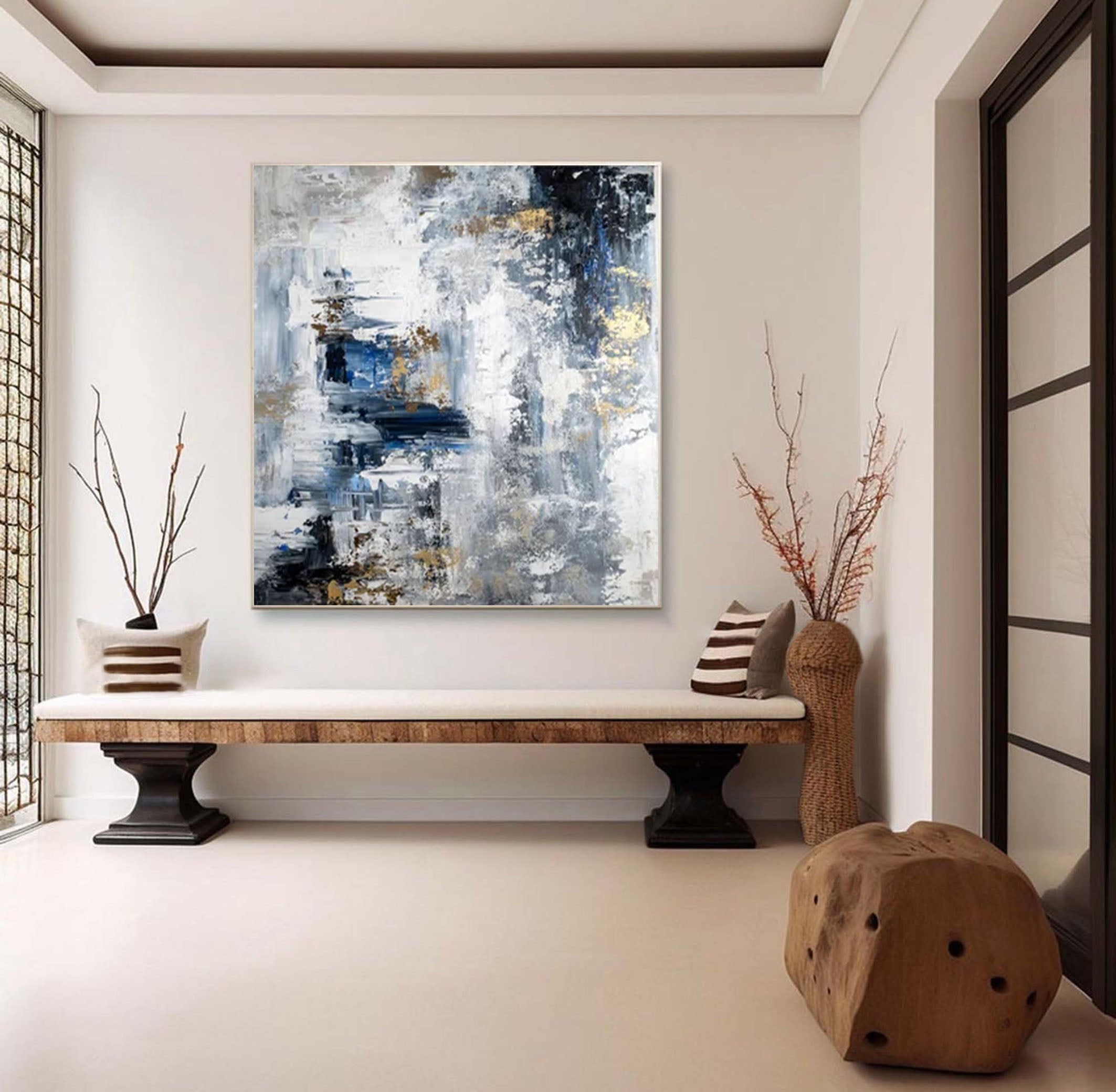 Large Modern Abstract Wall Art Blue and Metallic Painting #AP 068