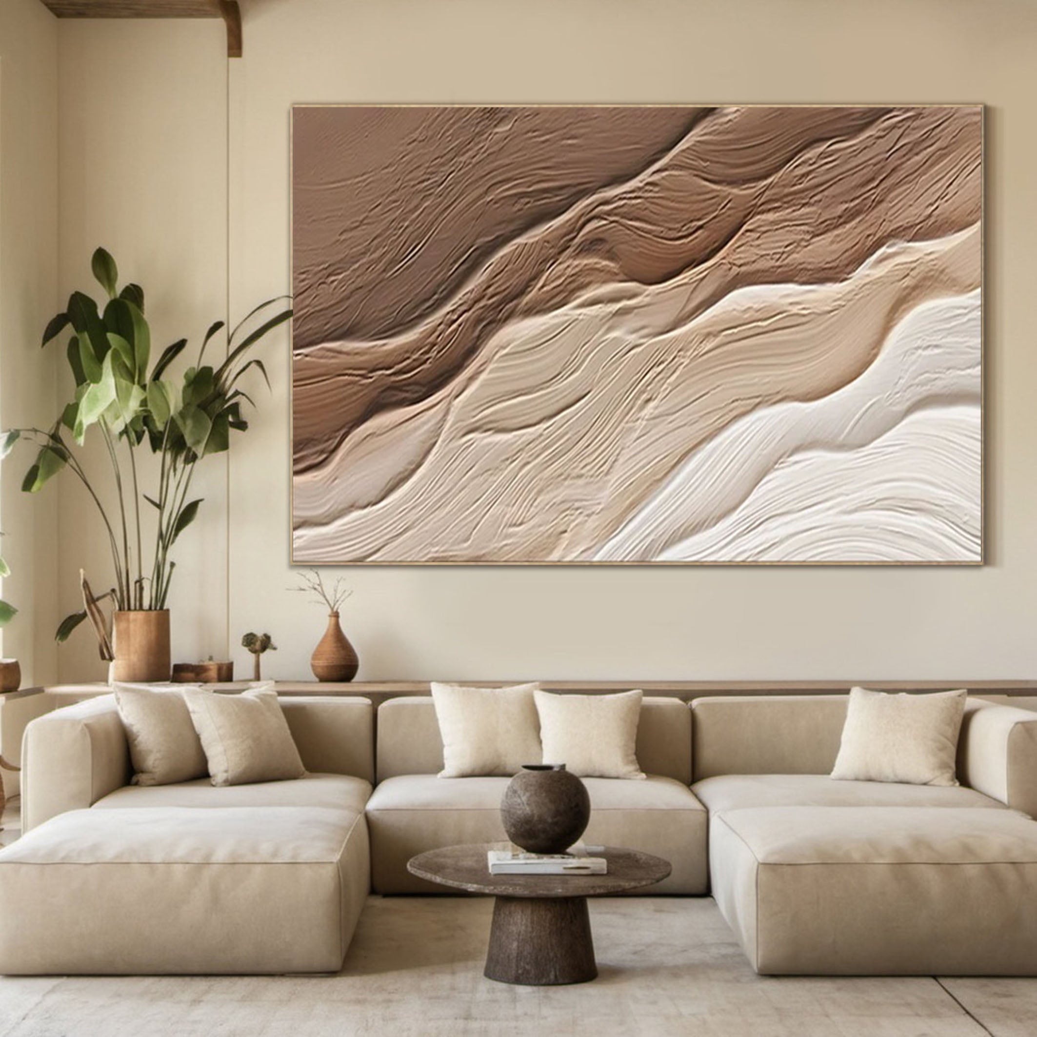 Ocean Whisper Beige Textured Wave Art on Canvas #OS 061