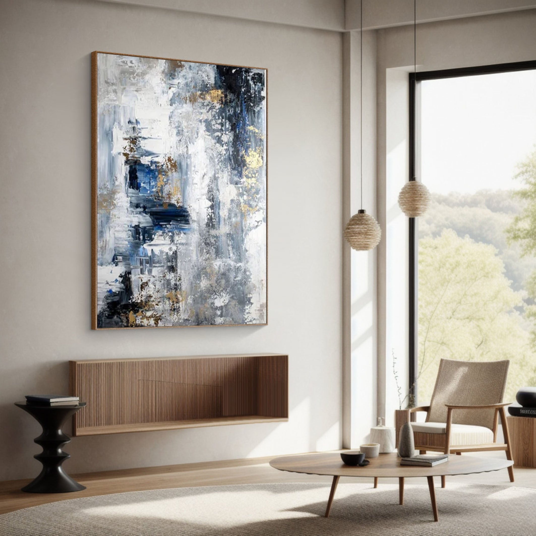 Large Modern Abstract Wall Art Blue and Metallic Painting #AP 062