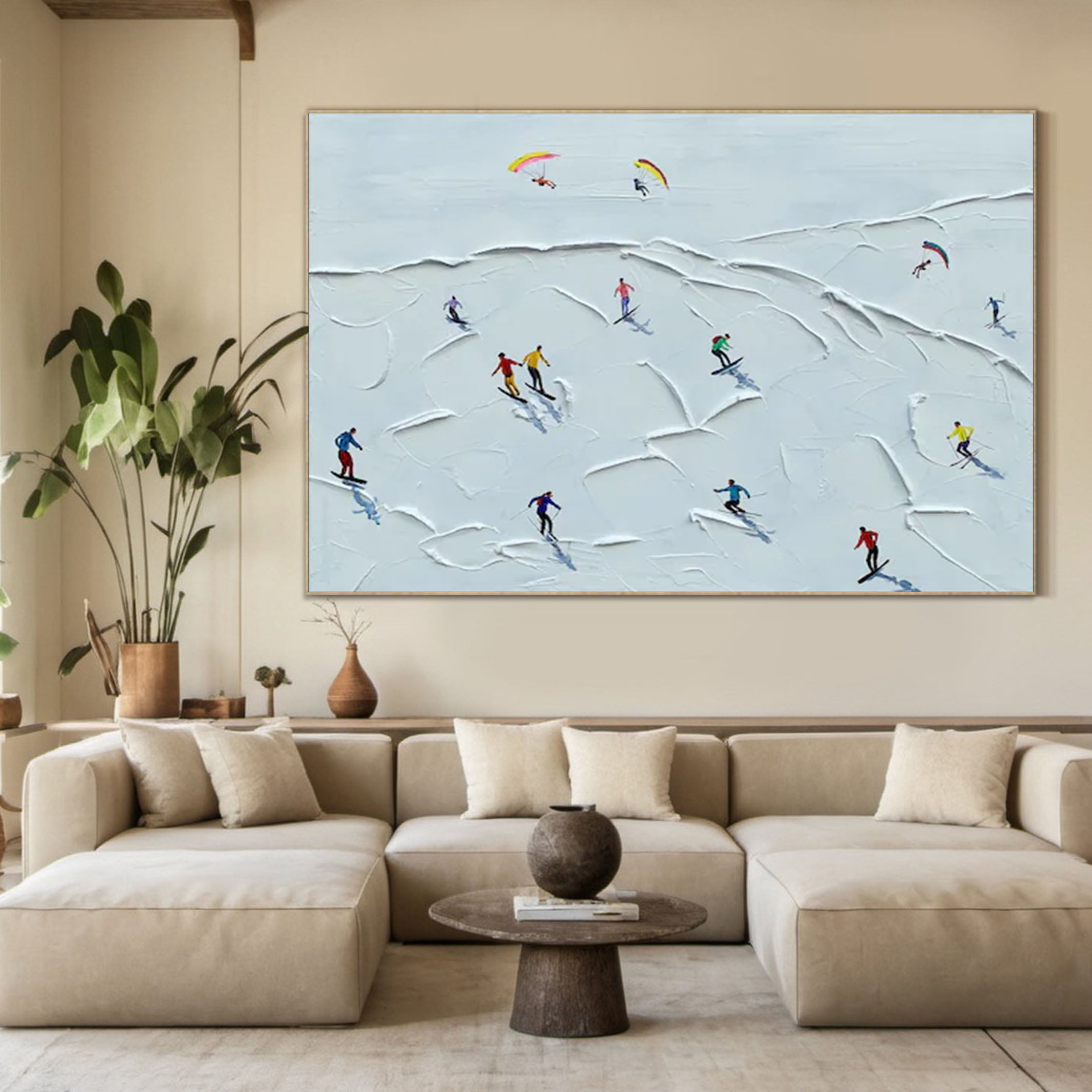 Winter Skiing Scene Wall Art Textured Canvas for Modern Home Decor #ASP 012