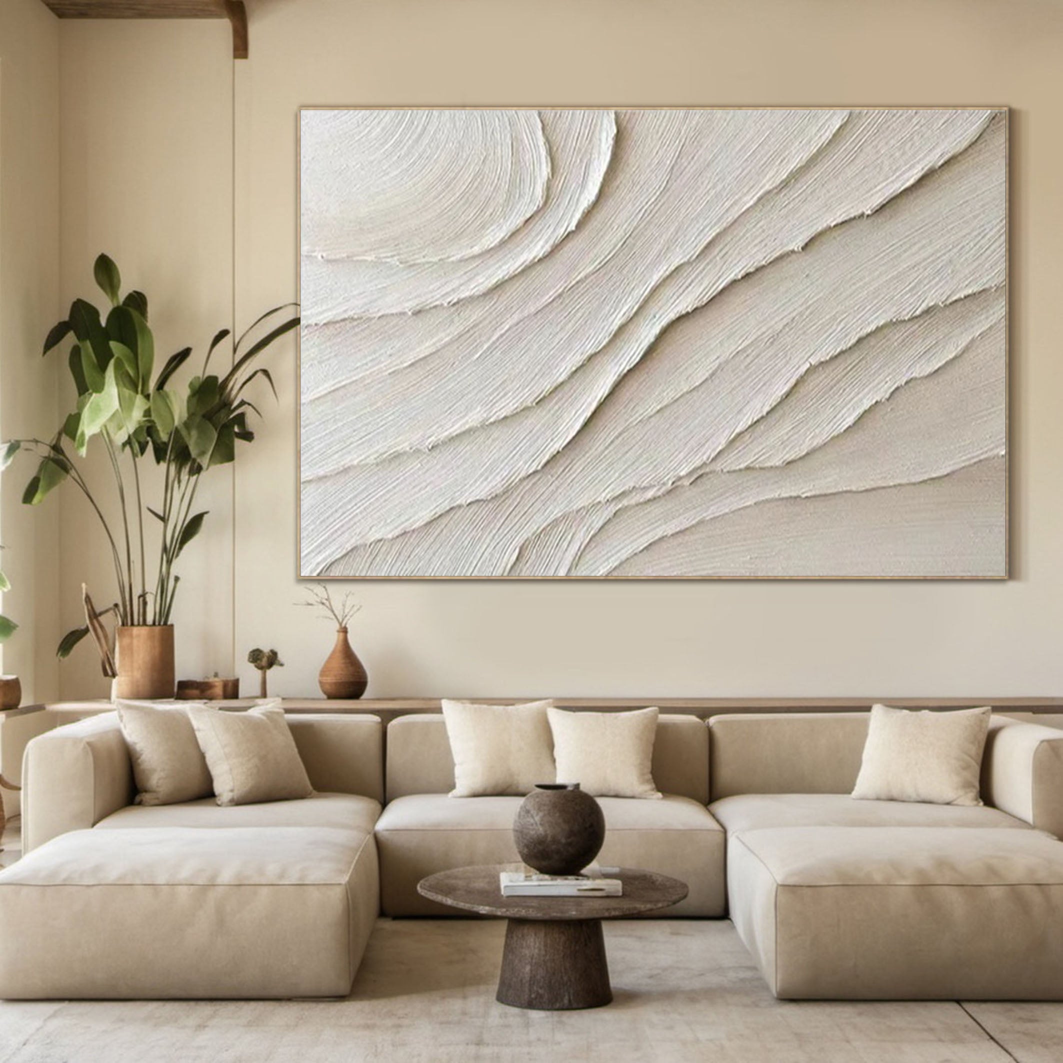 Subtle Waves White Textured Abstract Wall Art #OS 065