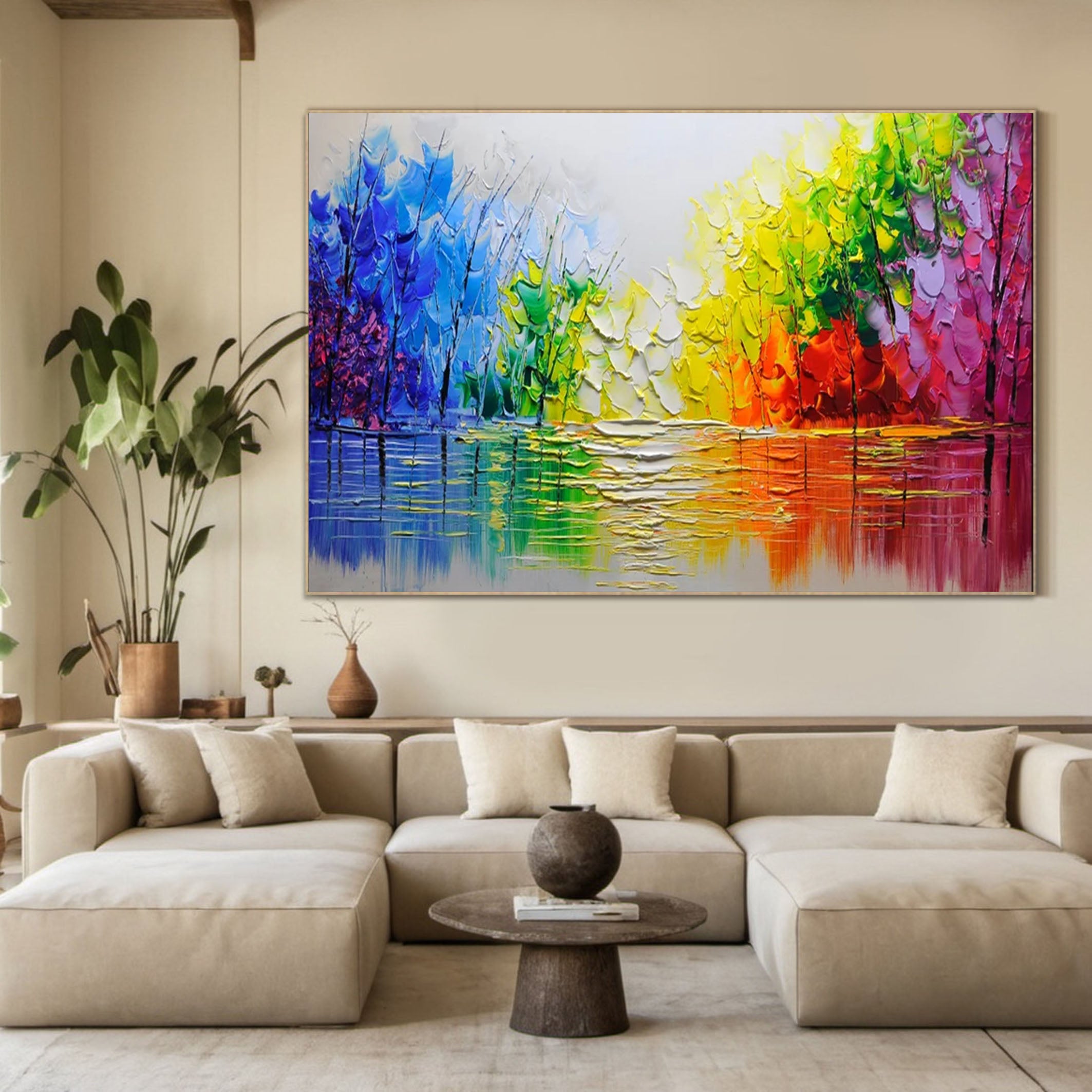 Autumn Romance Vibrant Colorful Tree and River Landscape Painting #FT 048