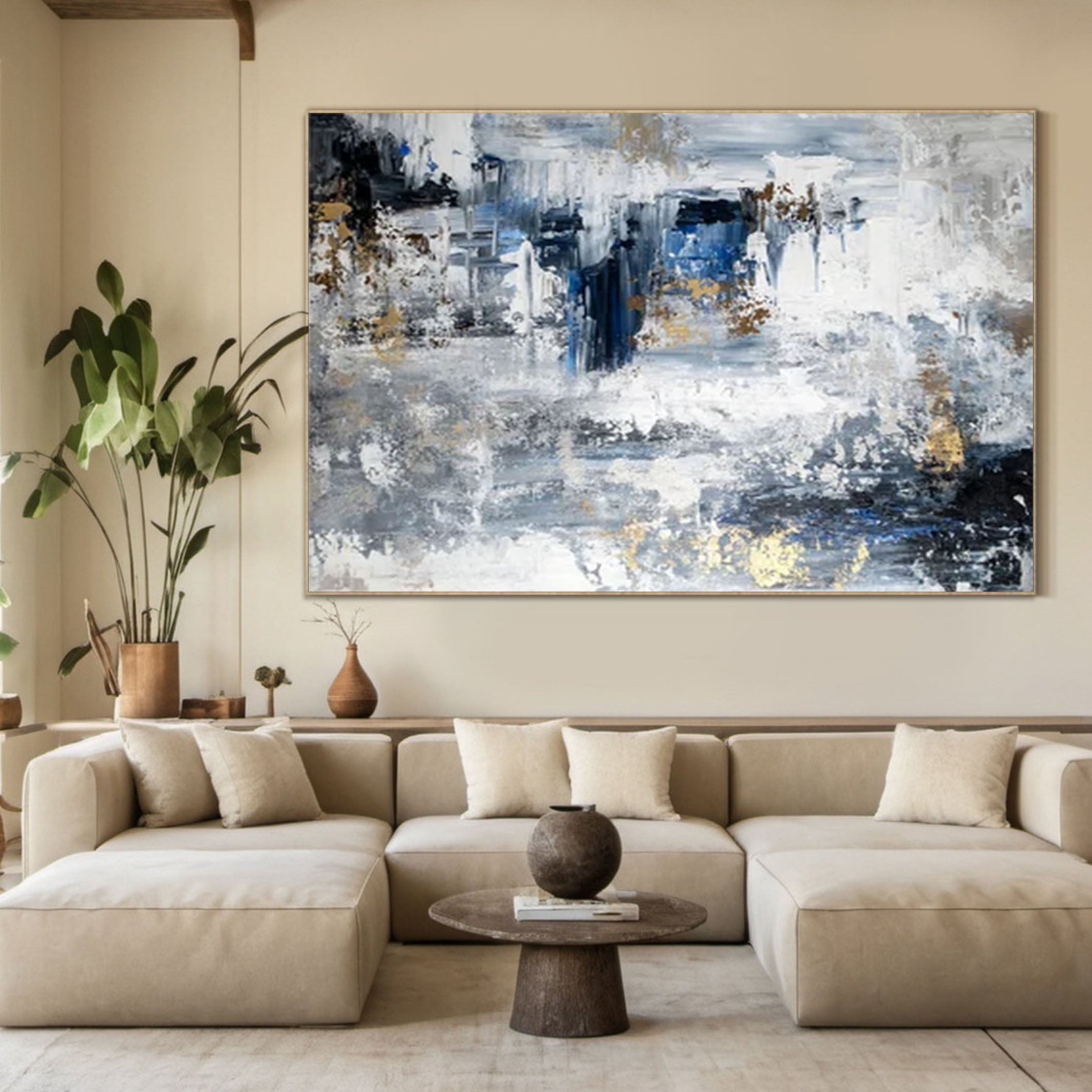 Large Modern Abstract Wall Art Blue and Metallic Painting #AP 063