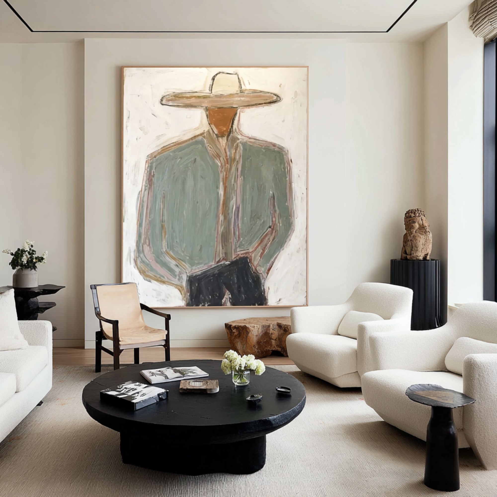 Contemporary Western Cowboy Portrait Painting Large Neutral Wall Decor