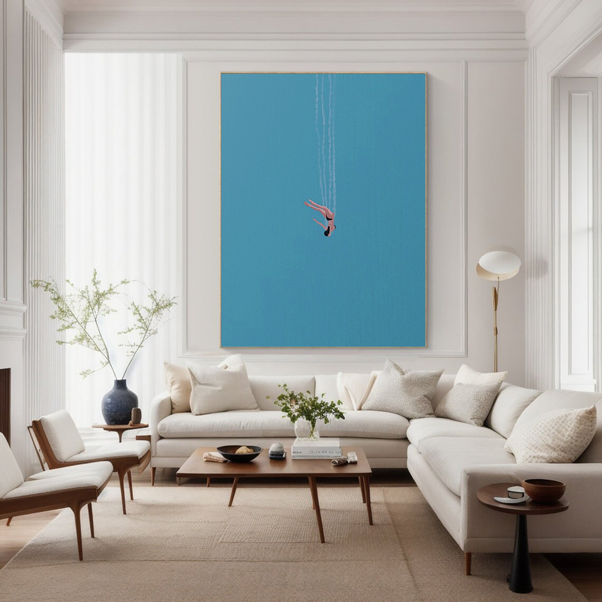 Minimalist Diver Art Blue Abstract Figure Painting #AG 097