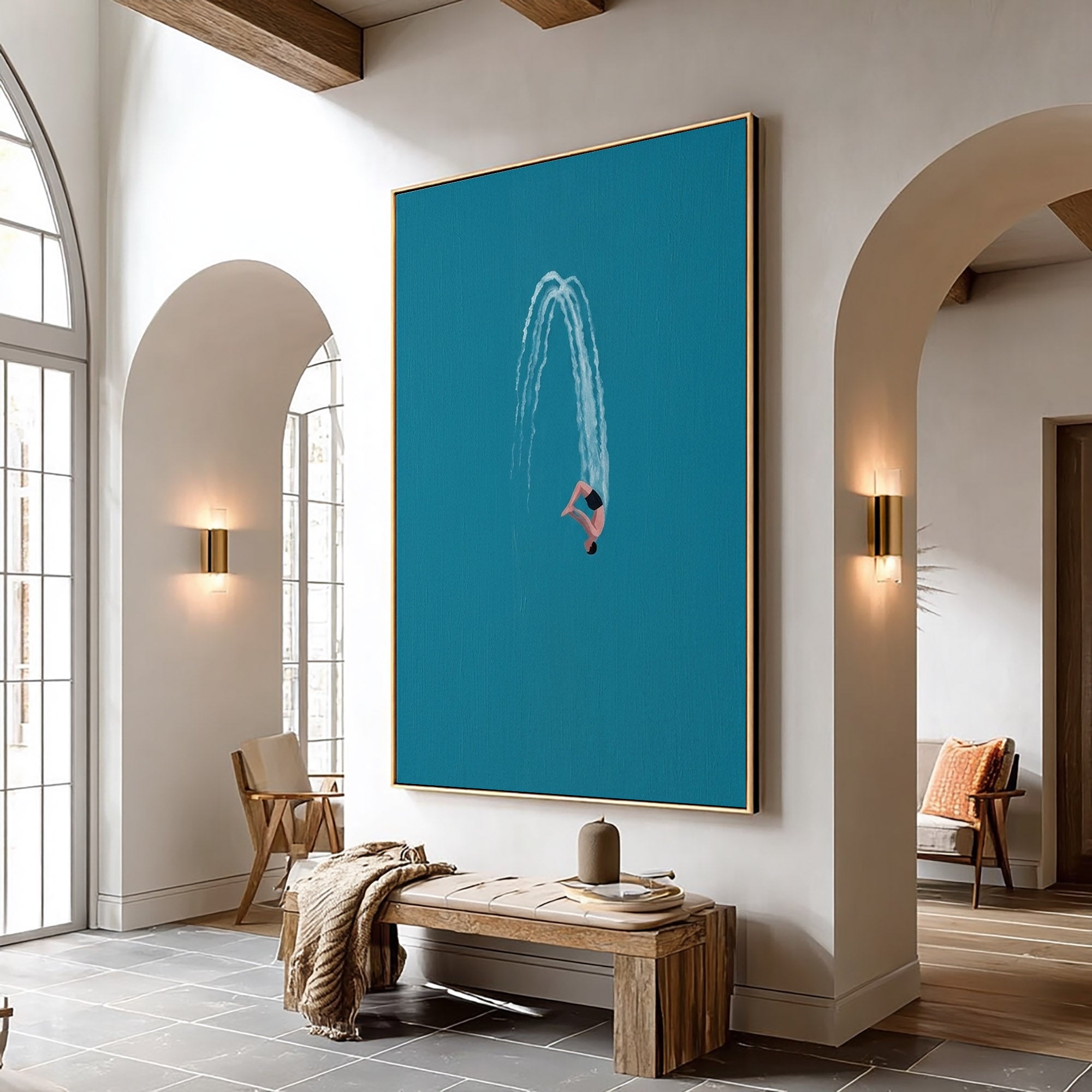 Large Contemporary Diver Wall Art Minimalist Blue Ocean Painting