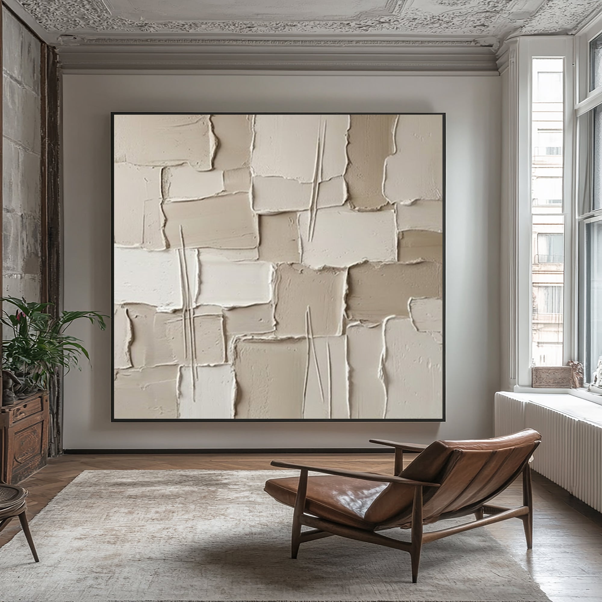 Large Plaster Mosaic Wall Art Neutral Textured Relief Painting