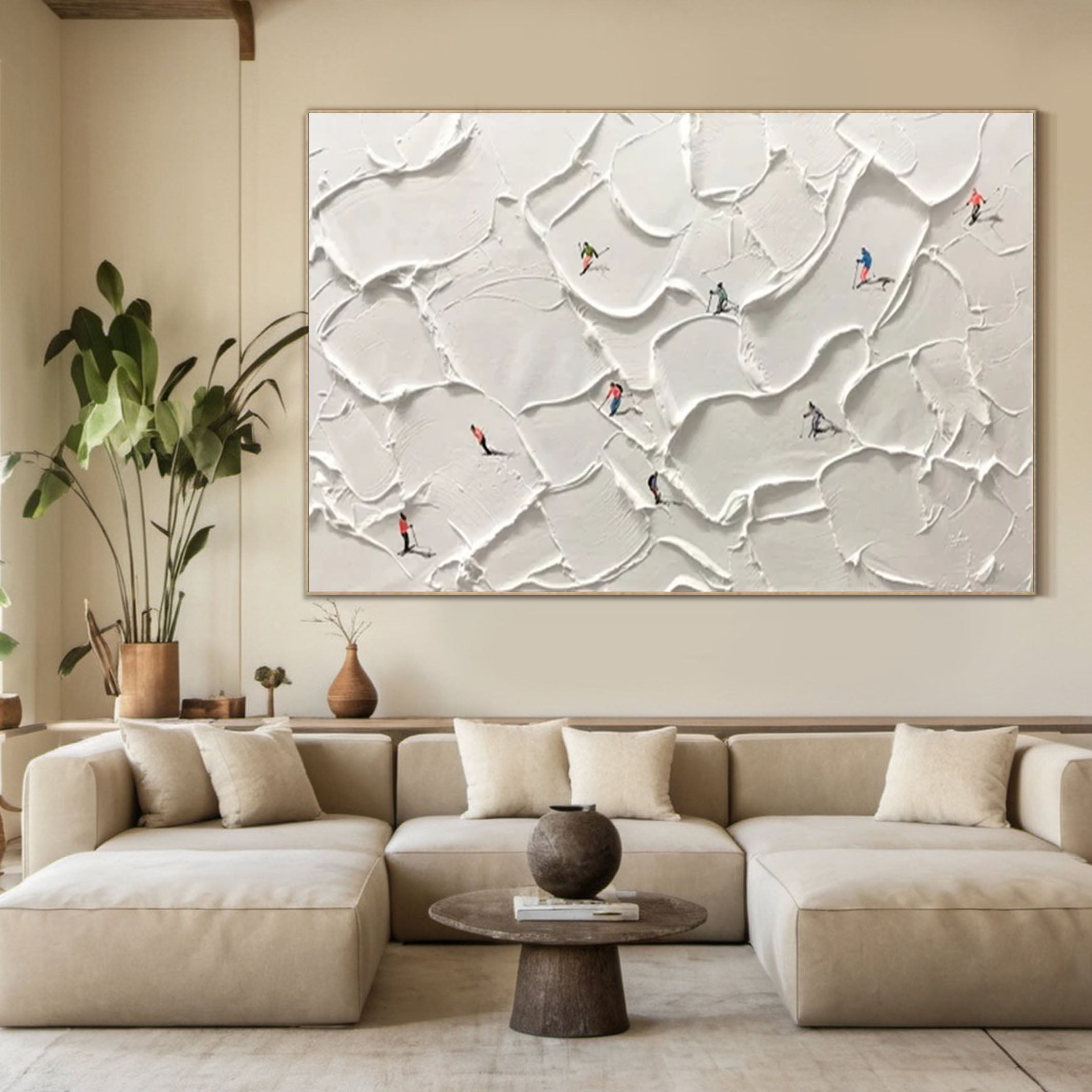 Winter Skiing Scene Wall Art Textured Canvas for Modern Mountain Home Decor #ASP 008