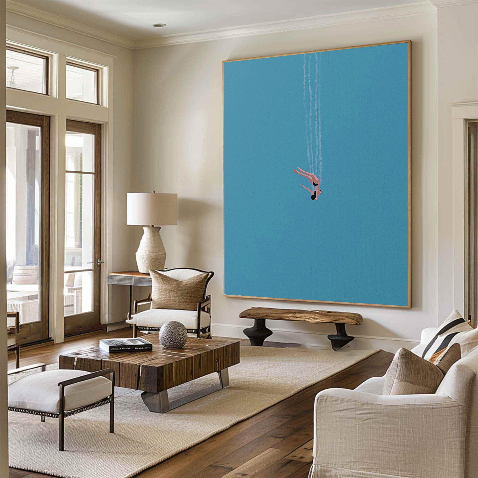 Minimalist Diver Art Blue Abstract Figure Painting #AG 097