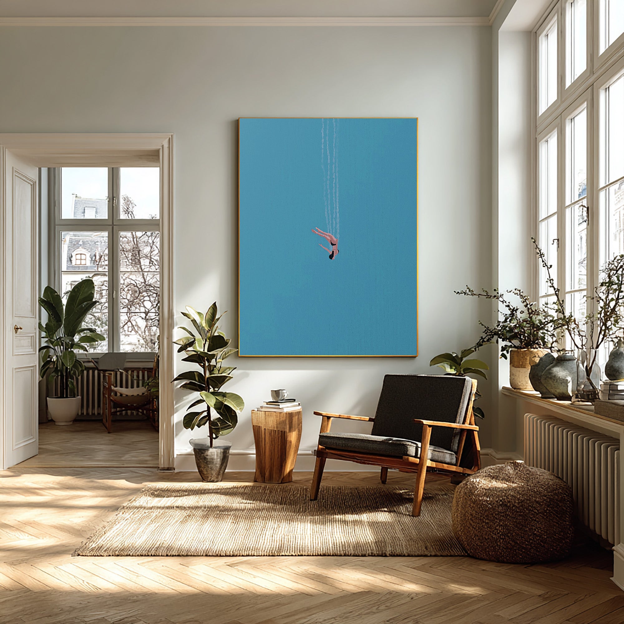 Minimalist Diver Art Blue Abstract Figure Painting #AG 097