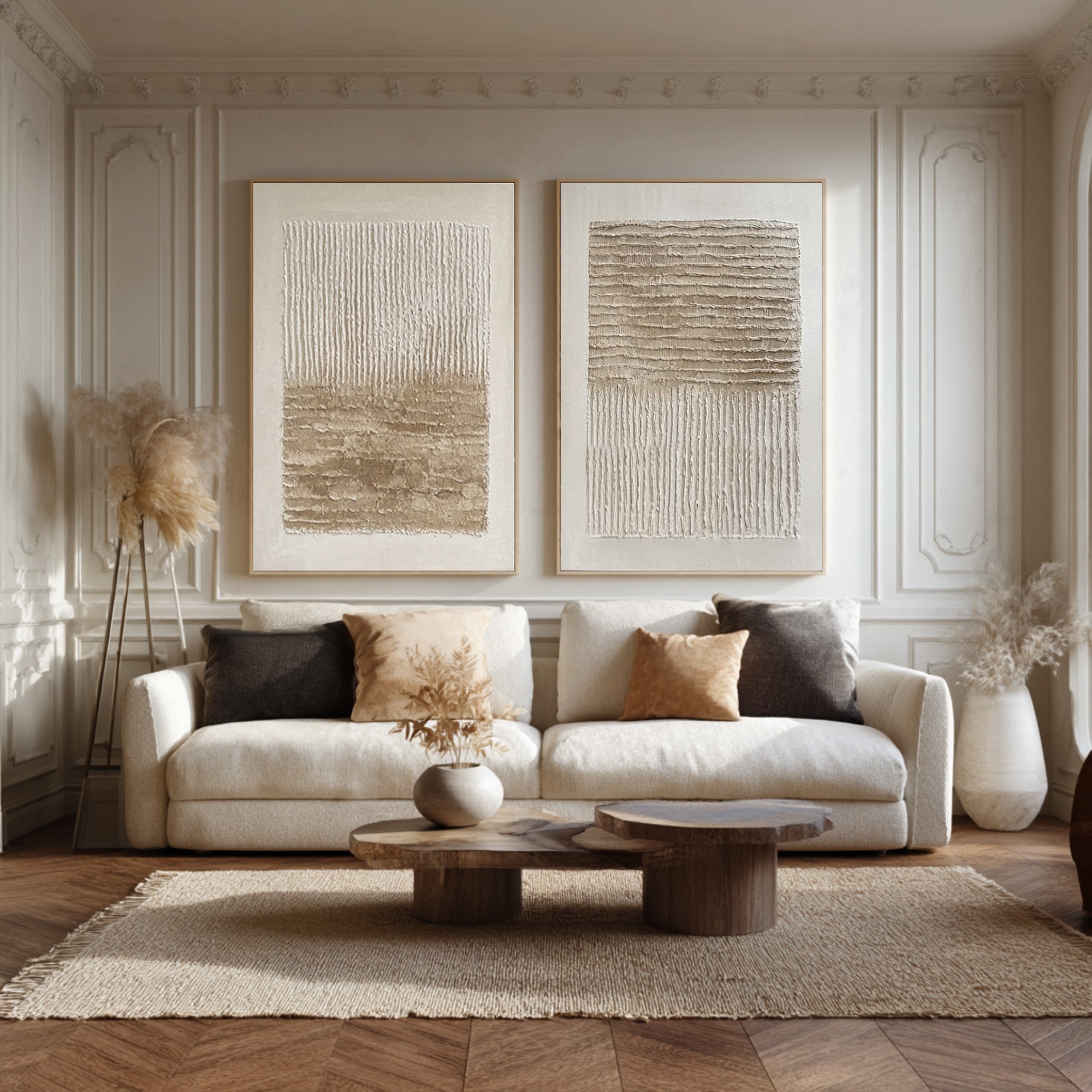 Oversized Impasto Wall Art: Wavy Neutral Panels Set Of 2 #AG 020