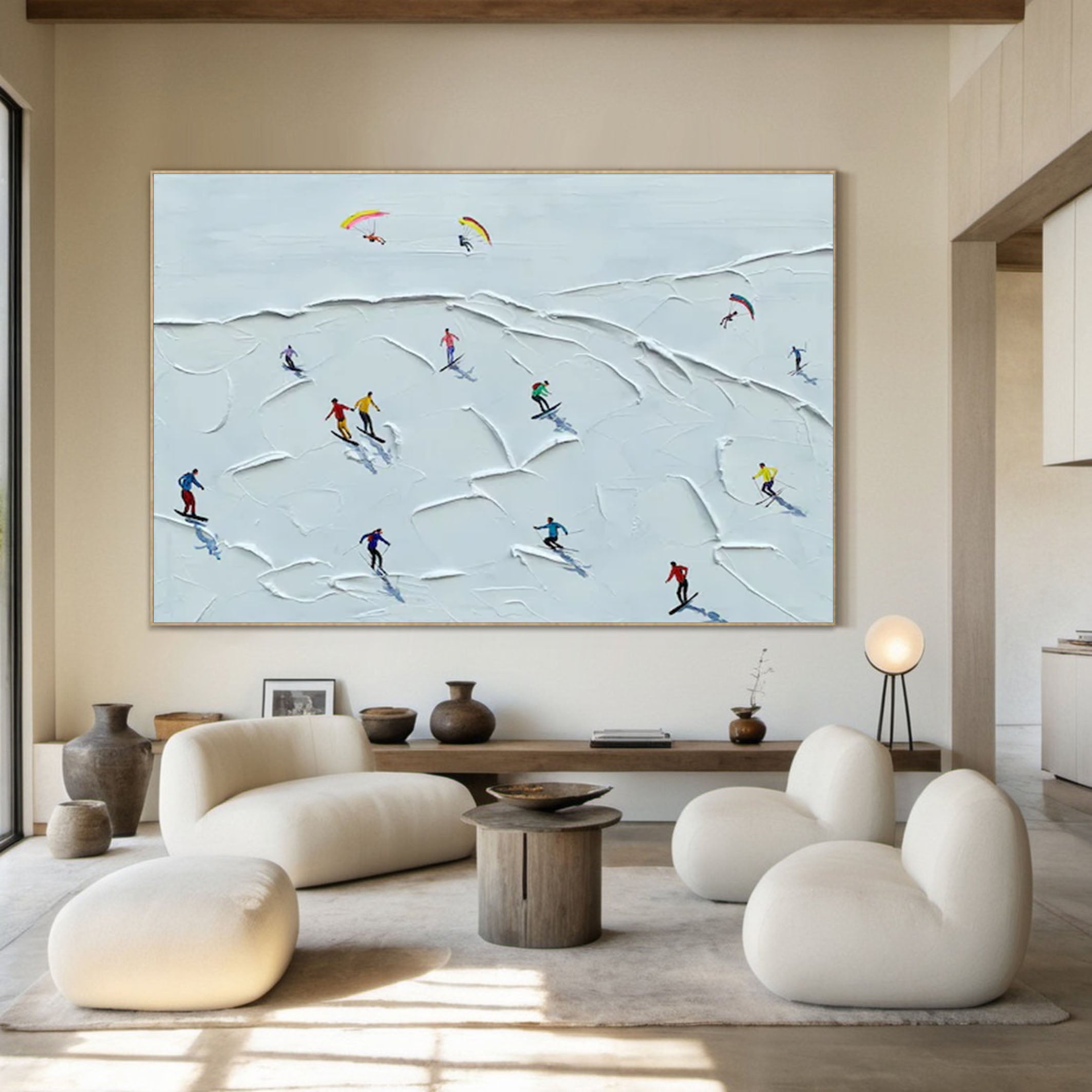 Winter Skiing Scene Wall Art Textured Canvas for Modern Home Decor #ASP 012
