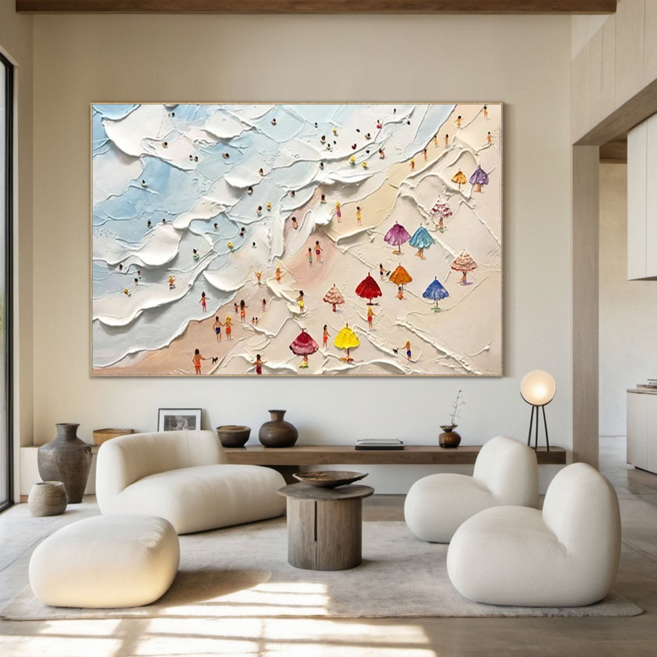 Sandy Stroll Large Textured Beach Scene with Colorful Umbrellas #OS 063