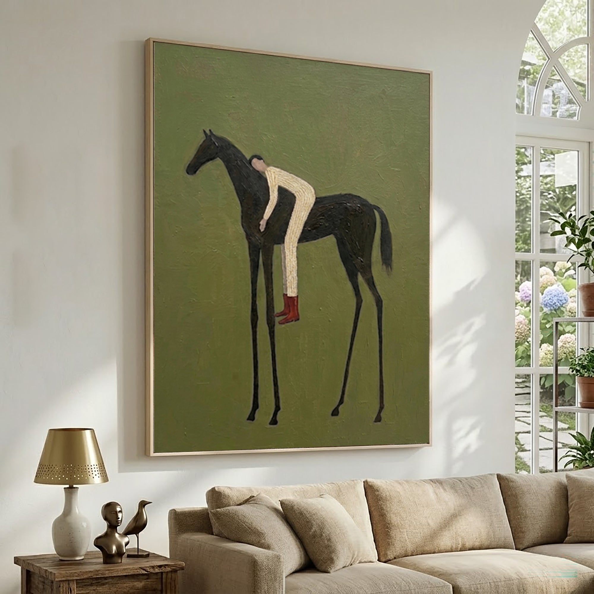Large Minimal Equestrian Wall Art Horse Rider Oil Painting Cowboy Cowgirl Inspired Vintage Americana Western Artwork Modern Interior Decor