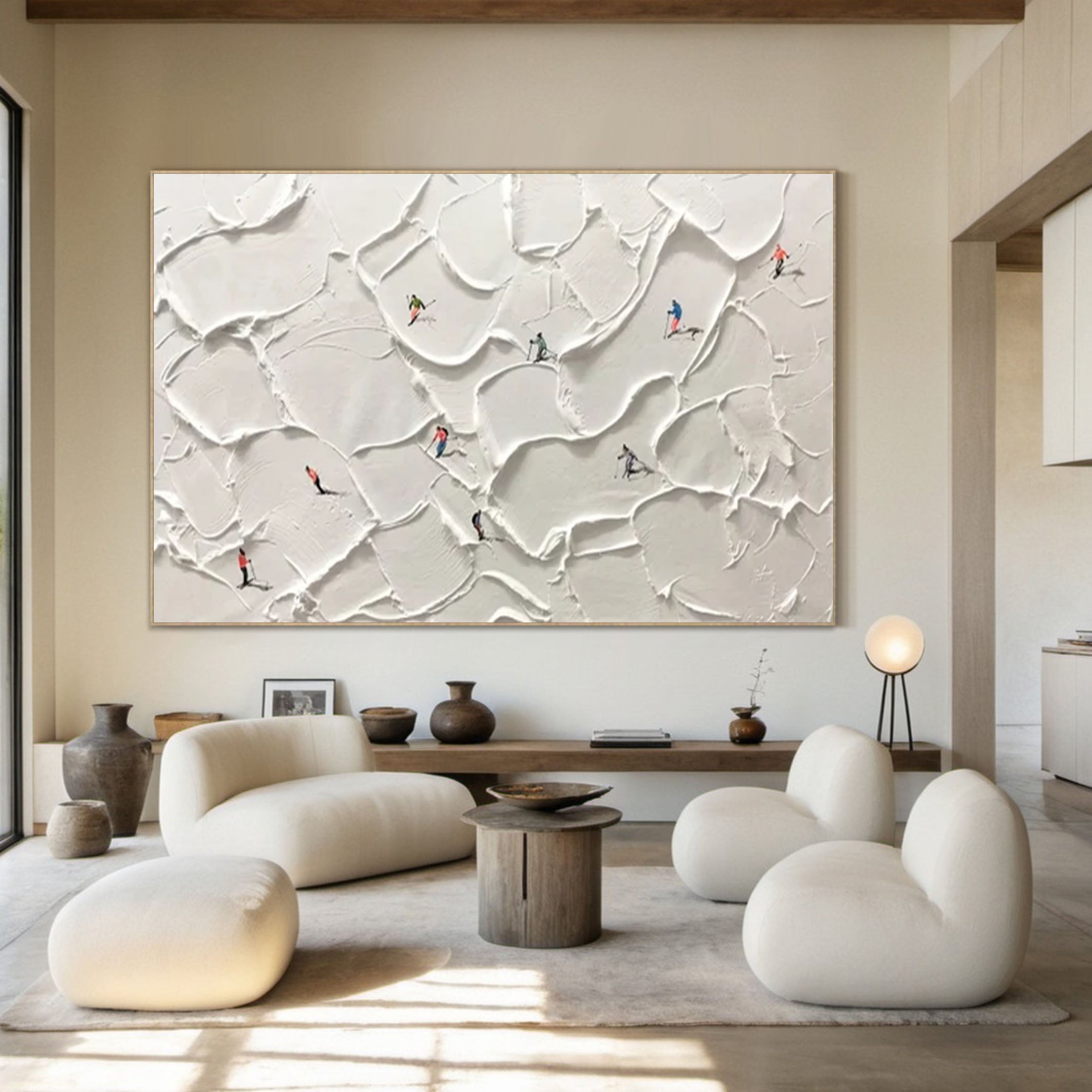 Winter Skiing Scene Wall Art Textured Canvas for Modern Mountain Home Decor #ASP 008