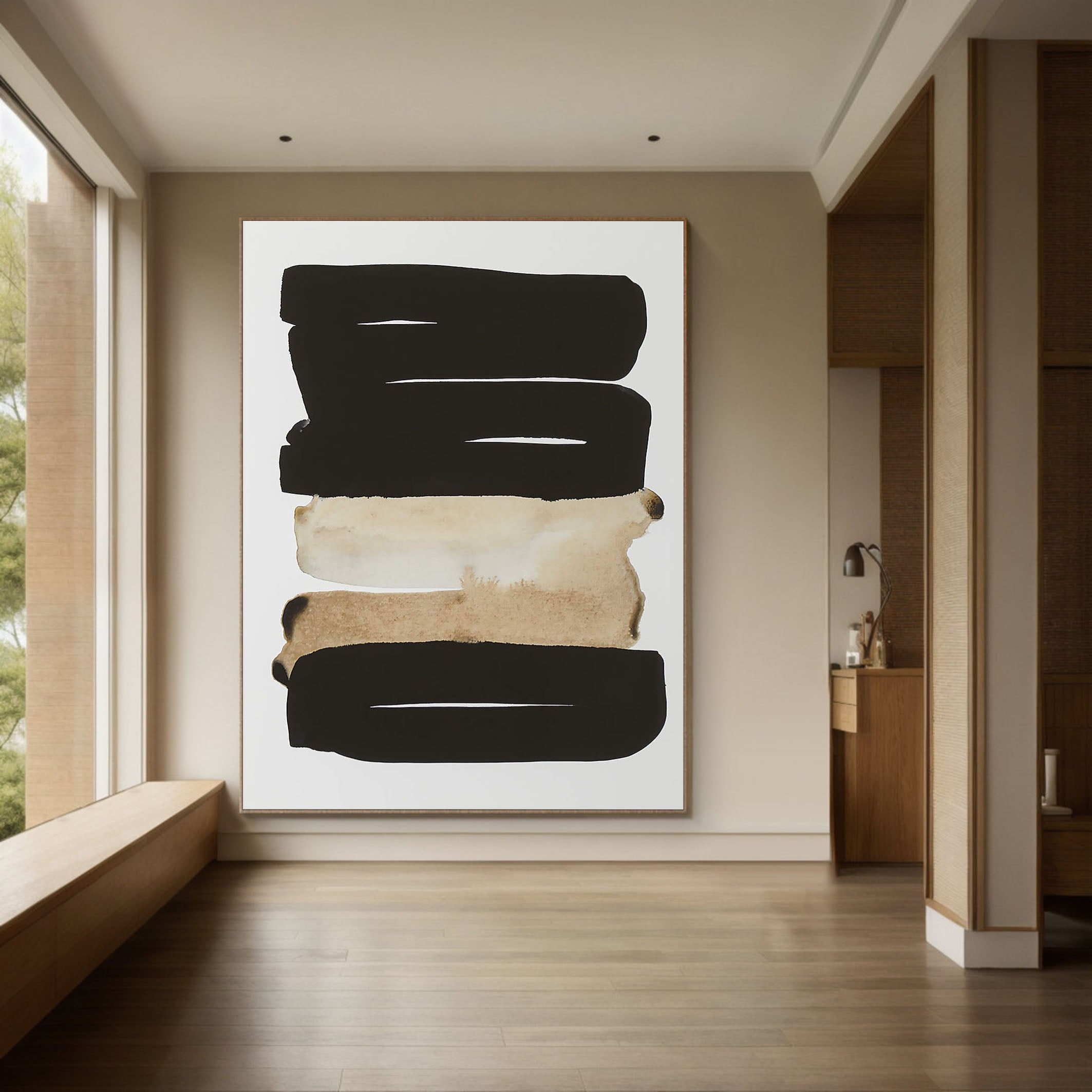 Horizontal Stripes Abstract - Black Beige Canvas Art #MMA 191