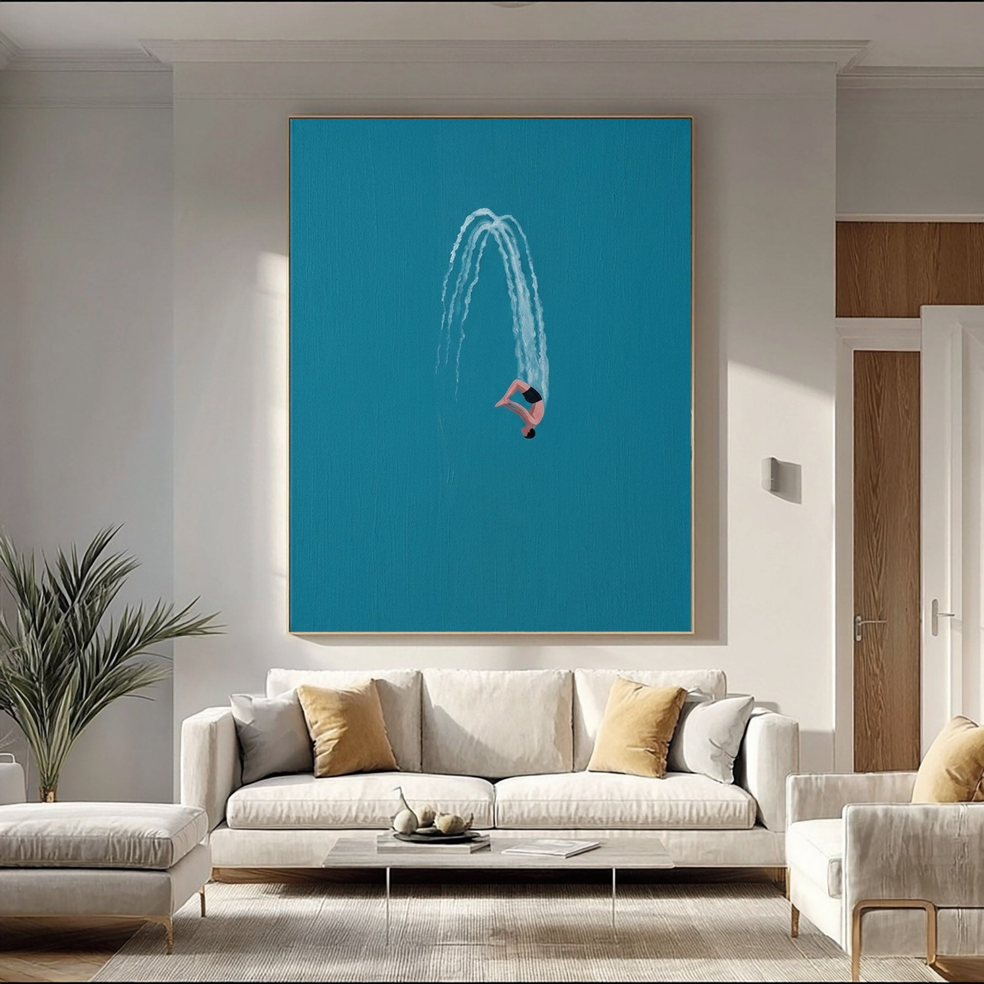 Large Contemporary Diver Wall Art Minimalist Blue Ocean Painting
