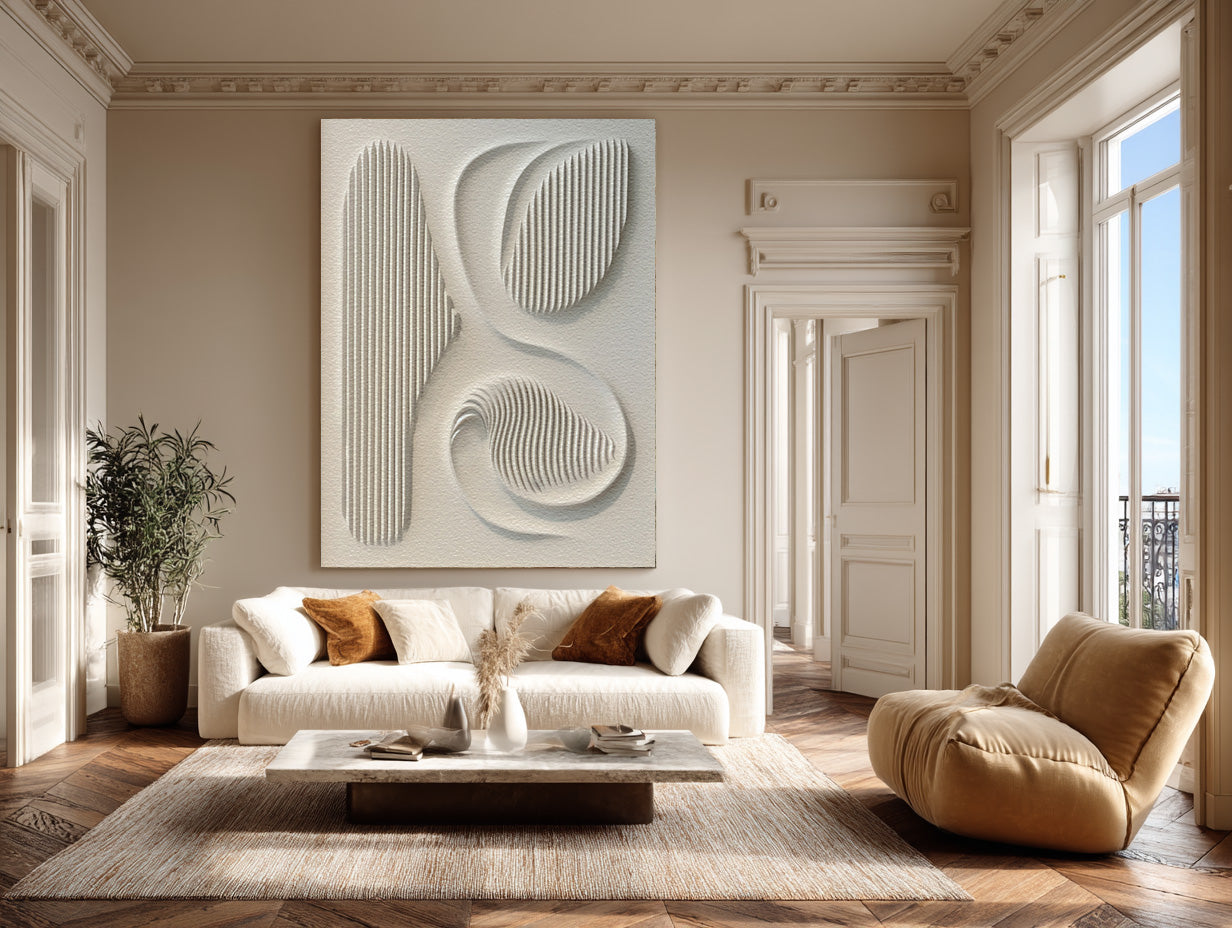 White Textured Abstract Canvas Hand Carved 3D Design #AG 084