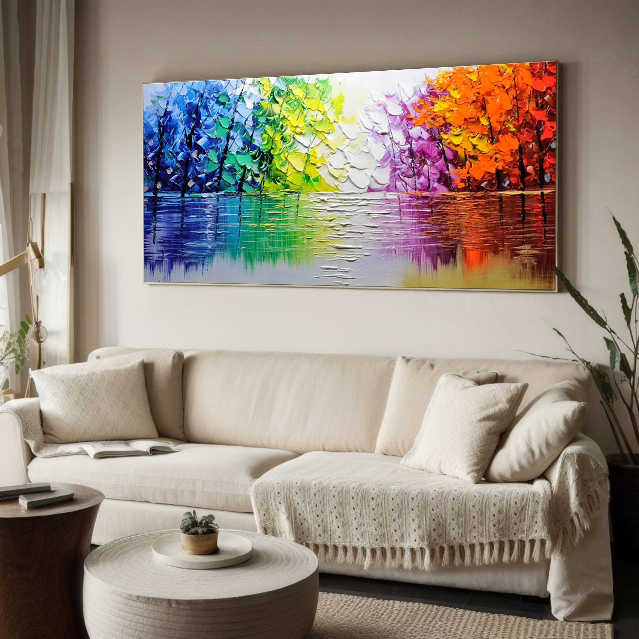 Autumn Romance Vibrant Colorful Tree and River Landscape Painting #FT 046
