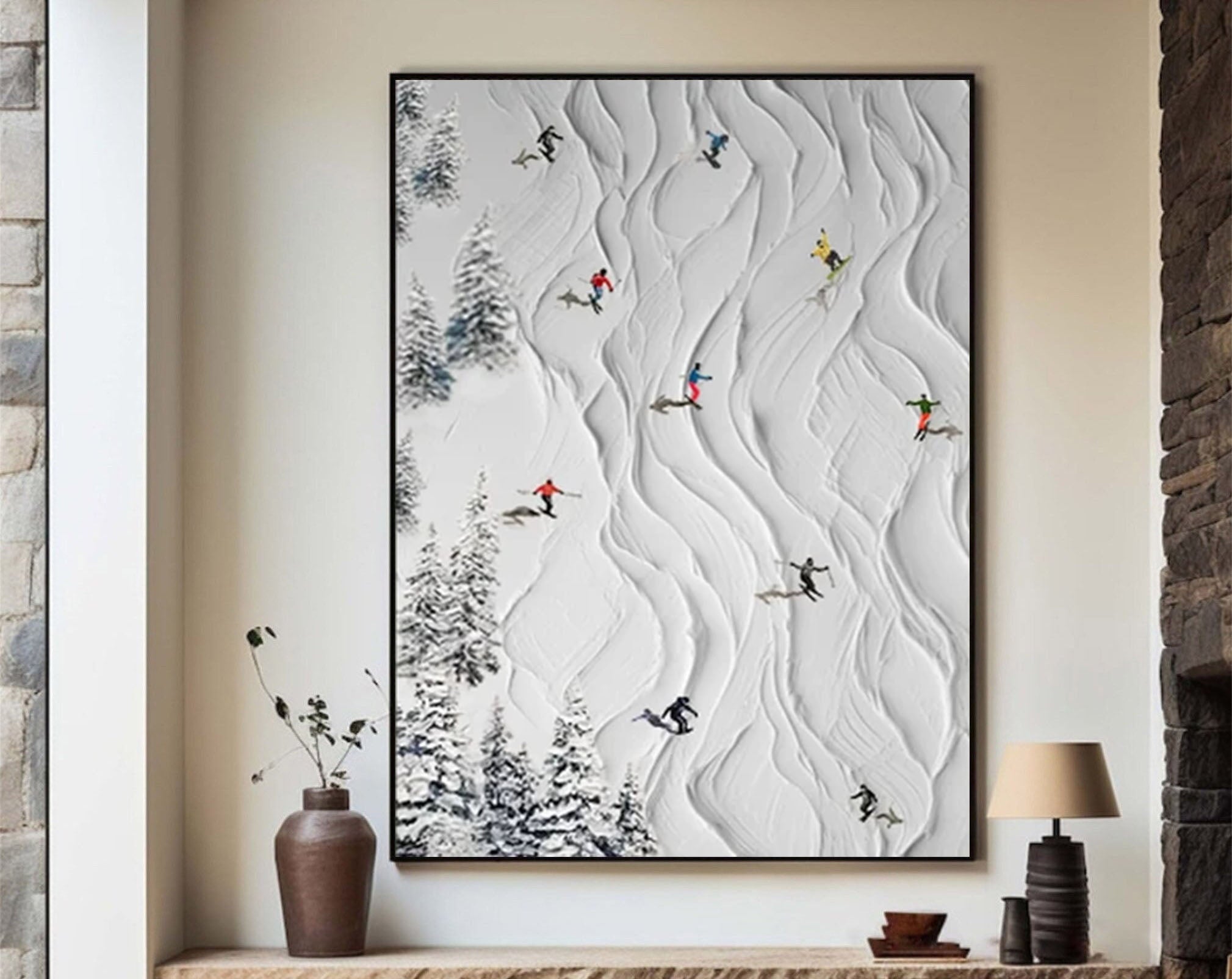 Winter Skiing Scene Wall Art Textured Canvas for Modern Mountain Home Decor #ASP 005