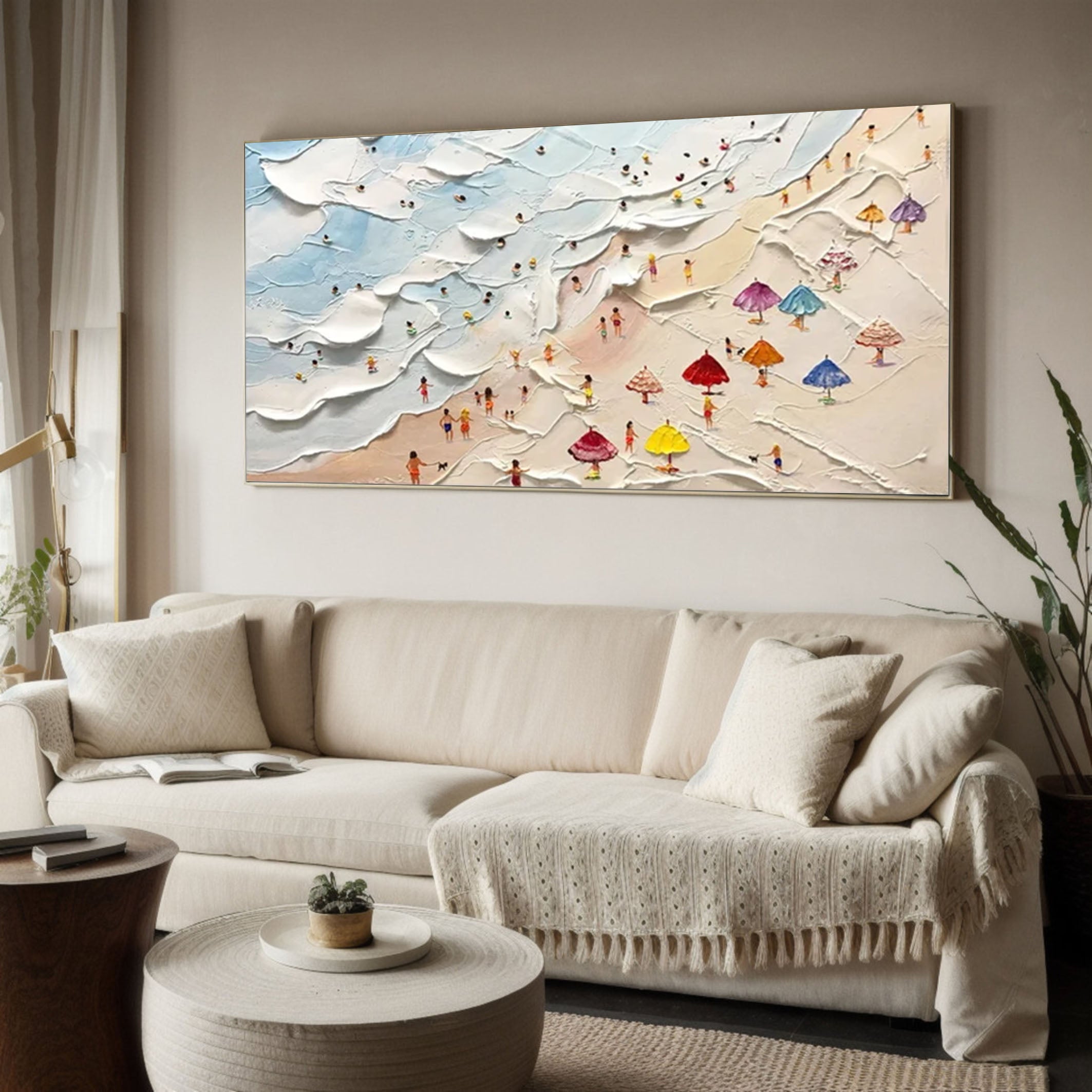 Sandy Stroll Large Textured Beach Scene with Colorful Umbrellas #OS 063
