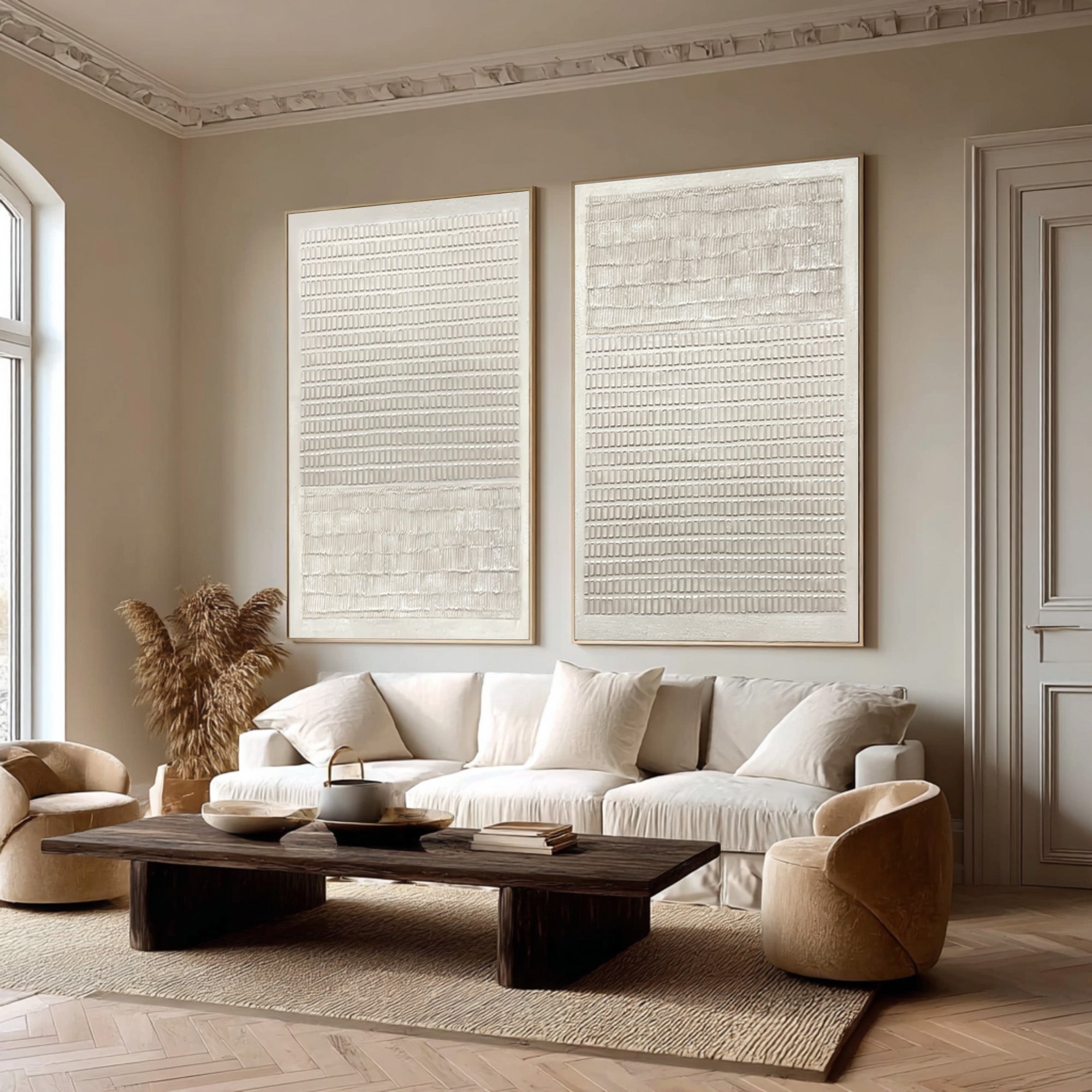 Hand Painted White Abstract Panel Art Set Of 2 #AG 033