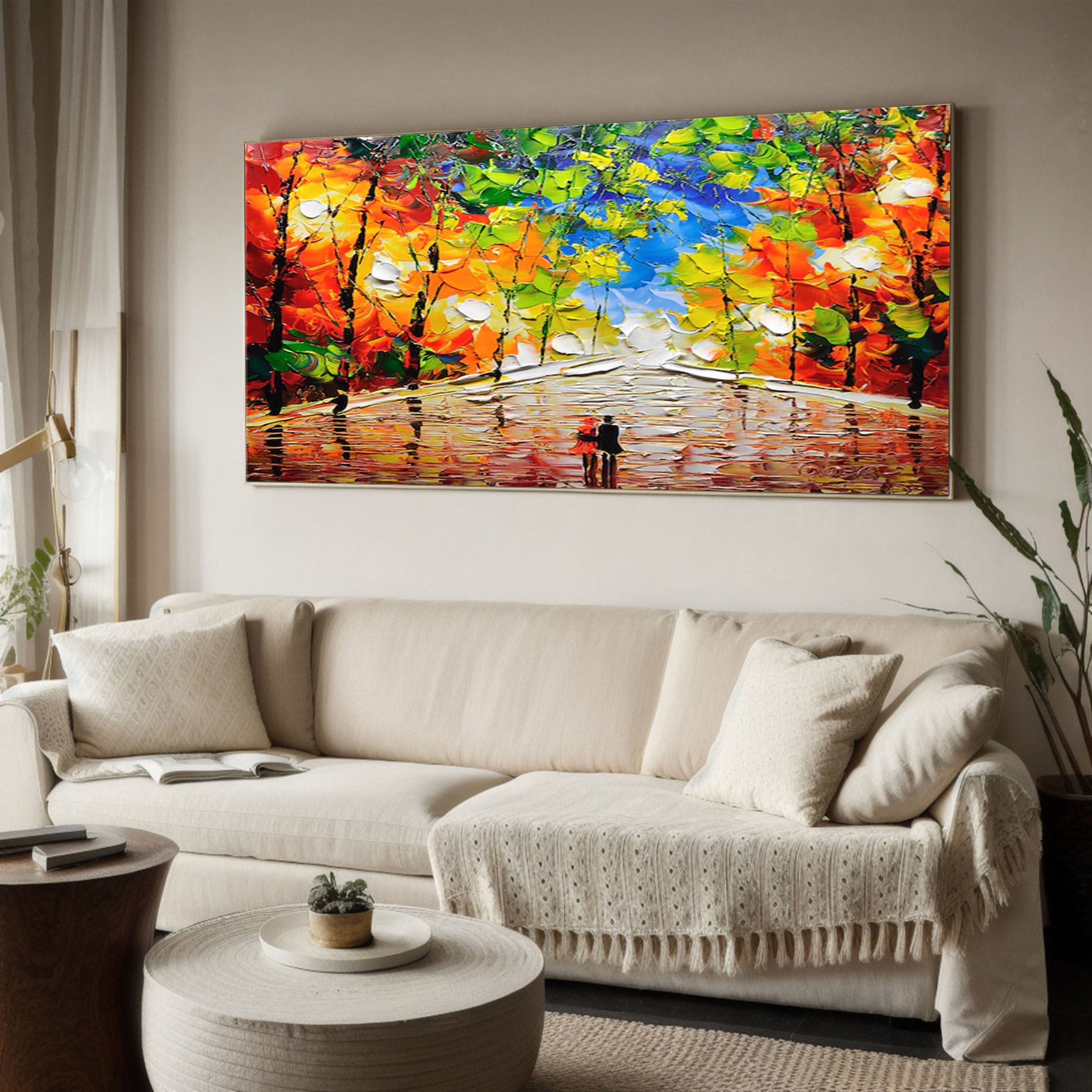 Autumn Romance Vibrant Colorful Tree and River Landscape Painting #FT 044