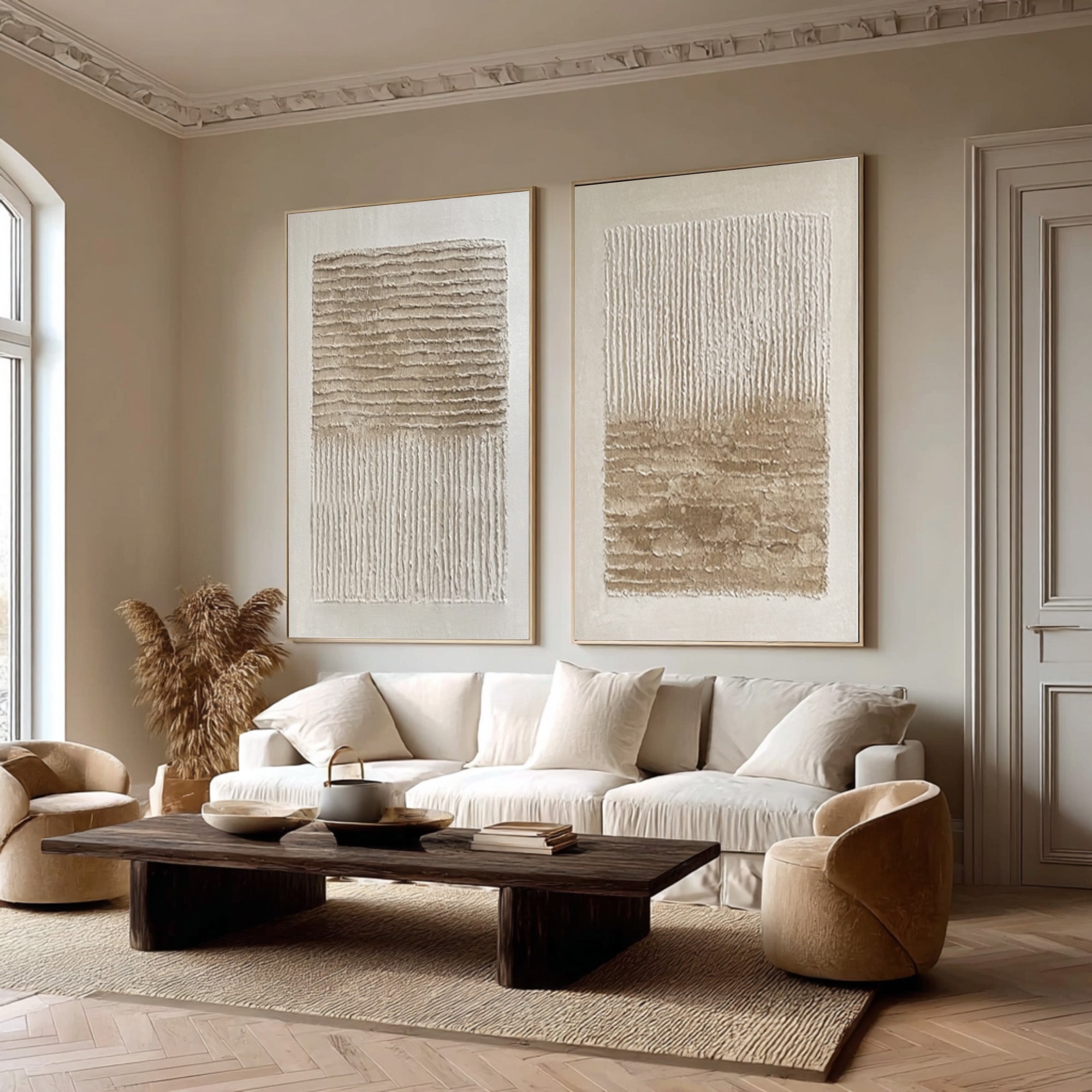 Oversized Impasto Wall Art: Wavy Neutral Panels Set Of 2 #AG 020