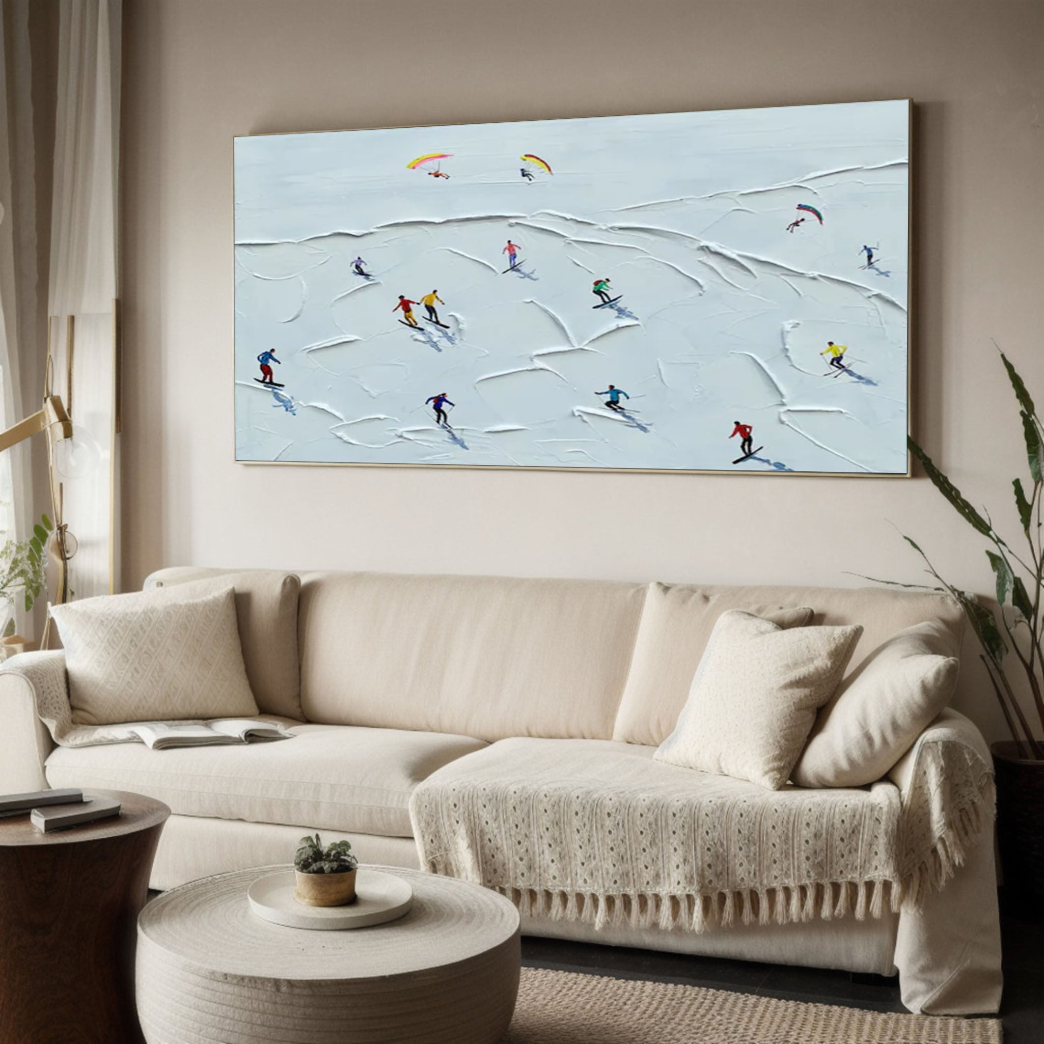 Winter Skiing Scene Wall Art Textured Canvas for Modern Home Decor #ASP 012