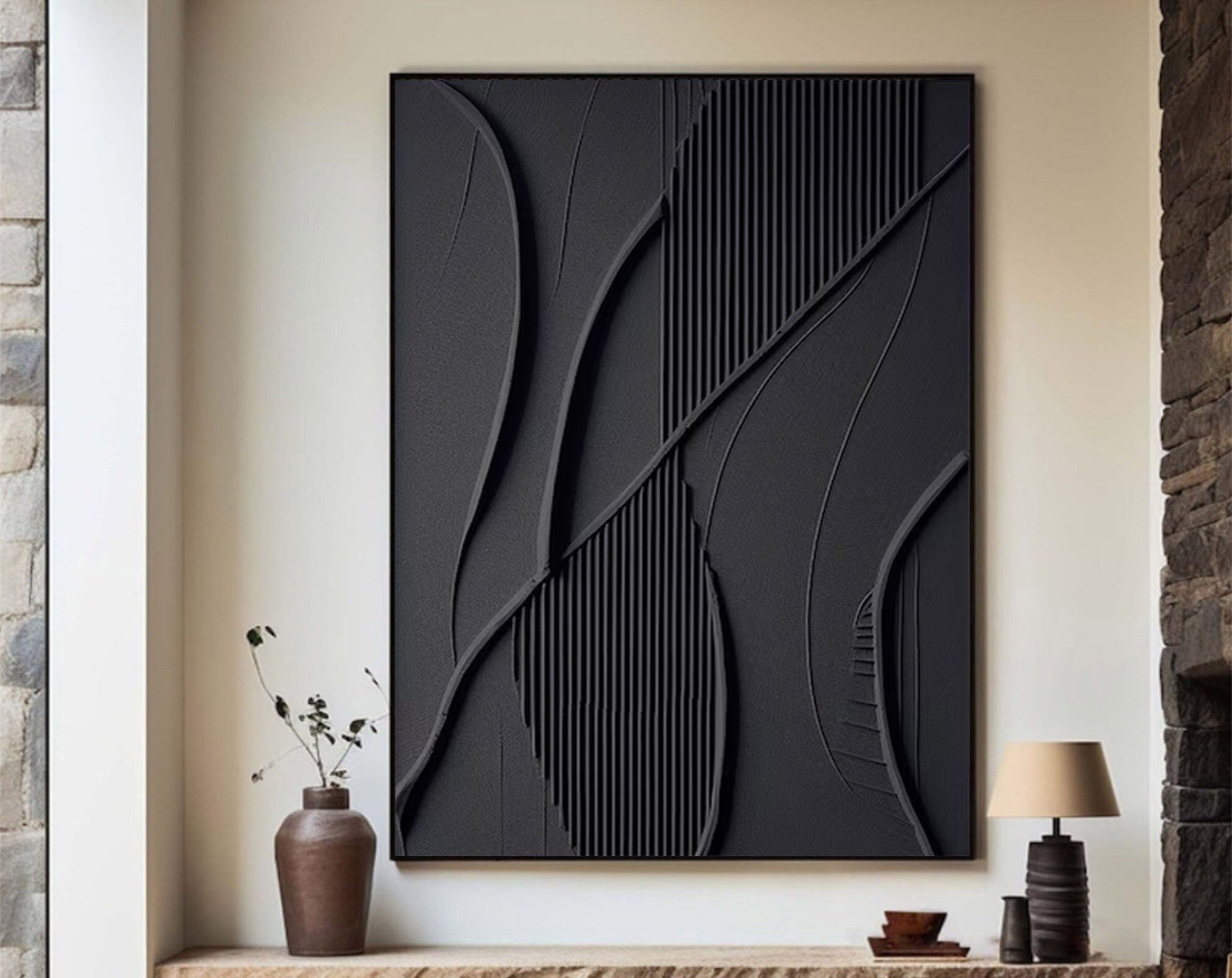 Modern Black Textured Abstract Painting Bold 3D Wall Art #MMA 166