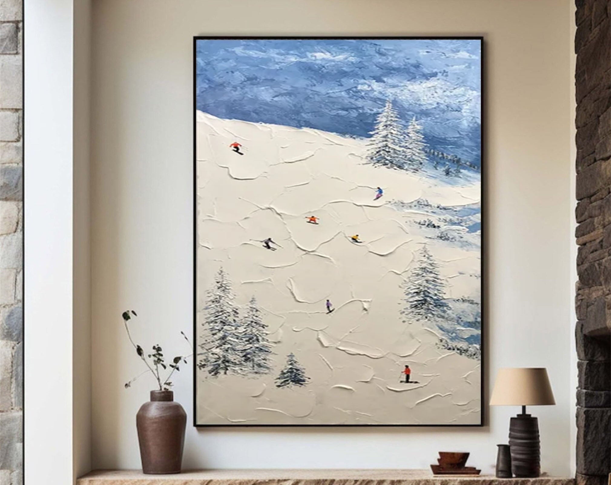Winter Skiing Scene Wall Art Textured Canvas for Modern Mountain Home Decor #ASP 007