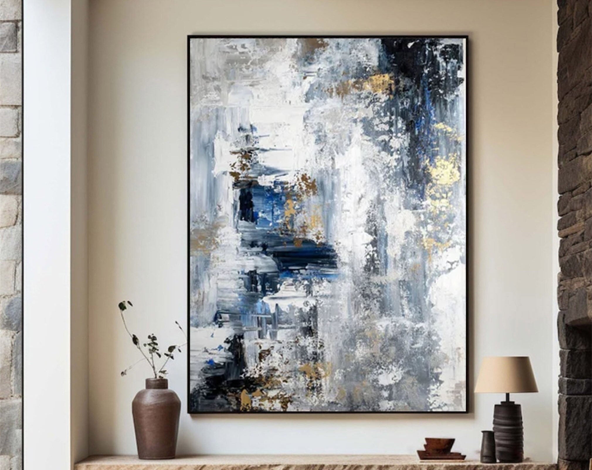 Large Modern Abstract Wall Art Blue and Metallic Painting #AP 062