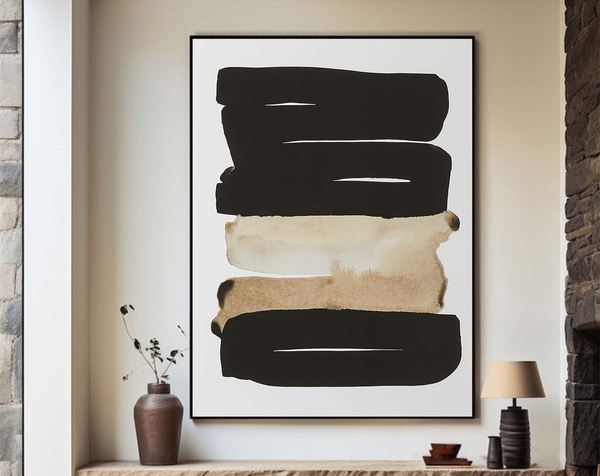 Horizontal Stripes Abstract - Black Beige Canvas Art #MMA 191