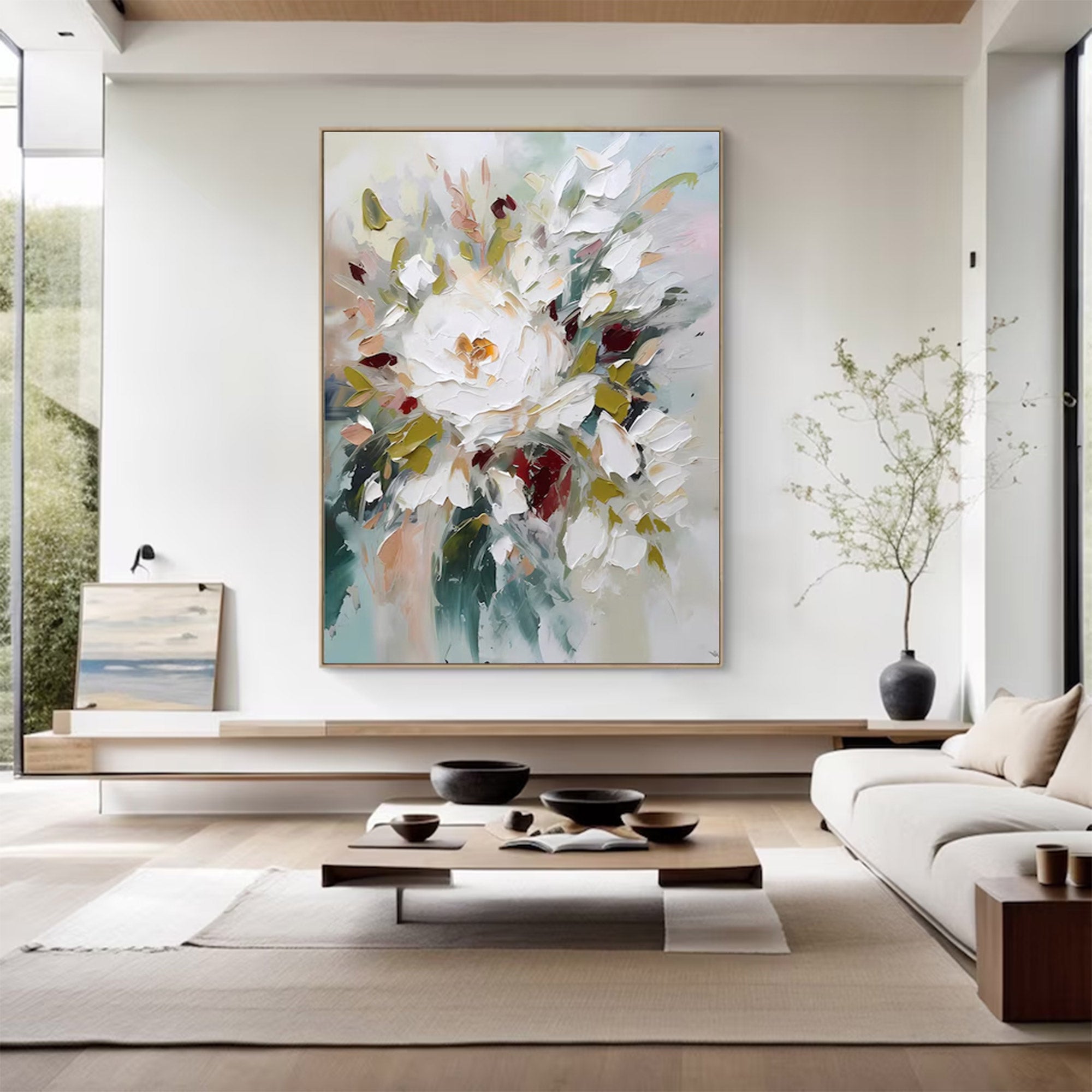 Large White Floral Abstract Art | KeiraArt #AG 108