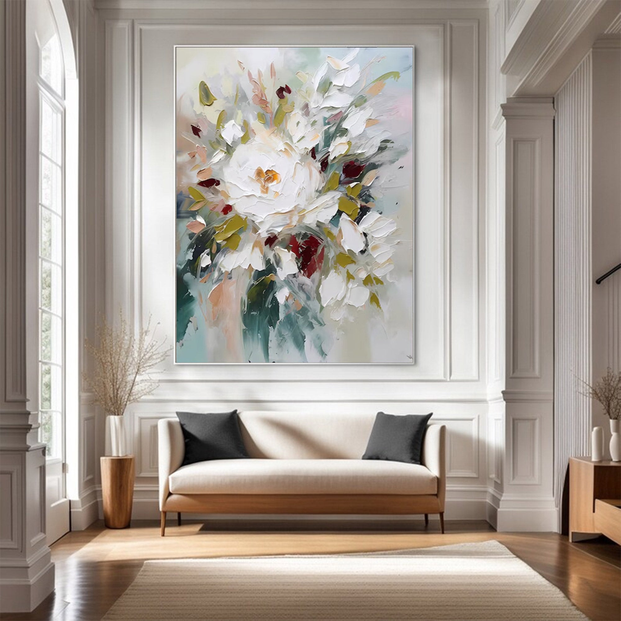 Large White Floral Abstract Art | KeiraArt #AG 108