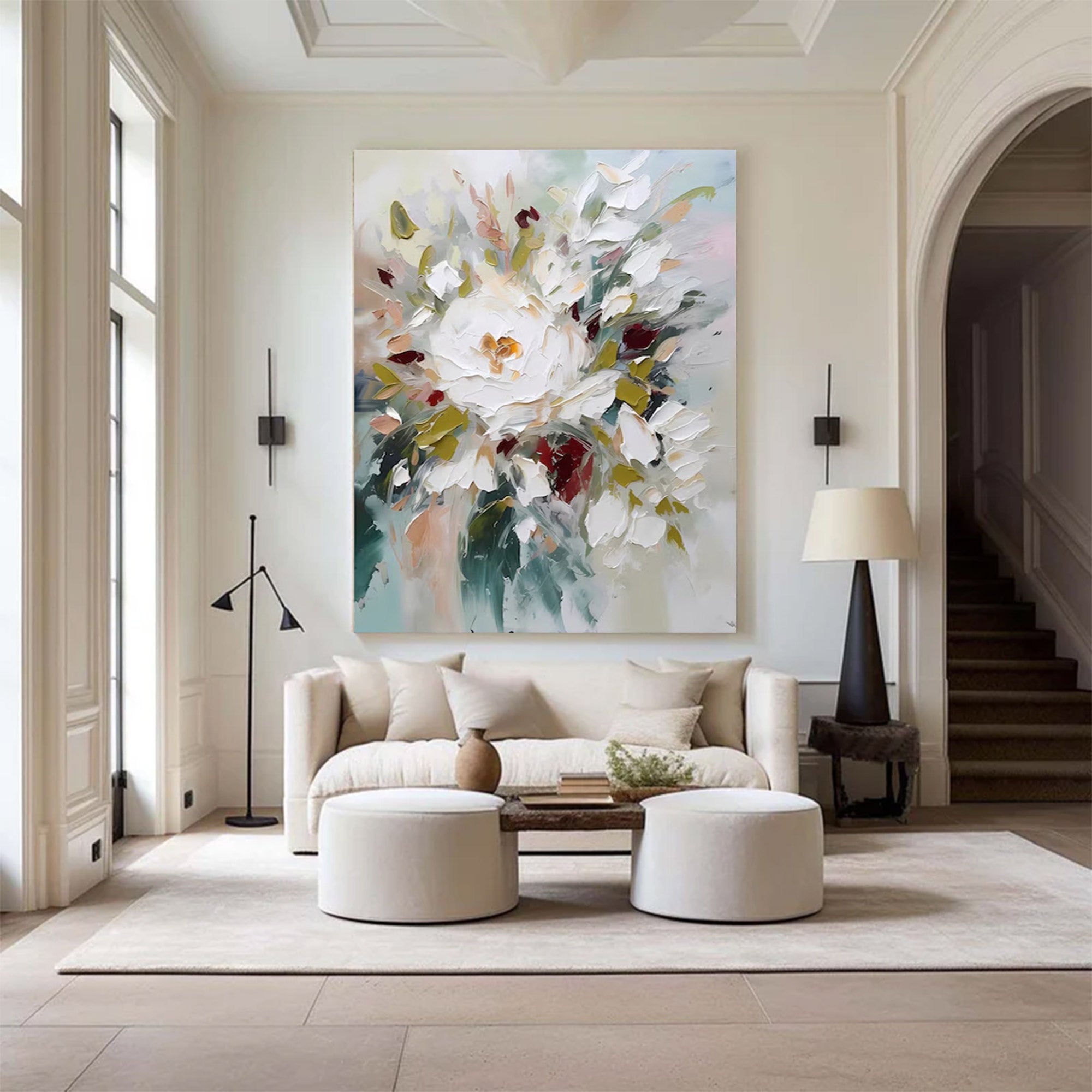 Large White Floral Abstract Art | KeiraArt #AG 108