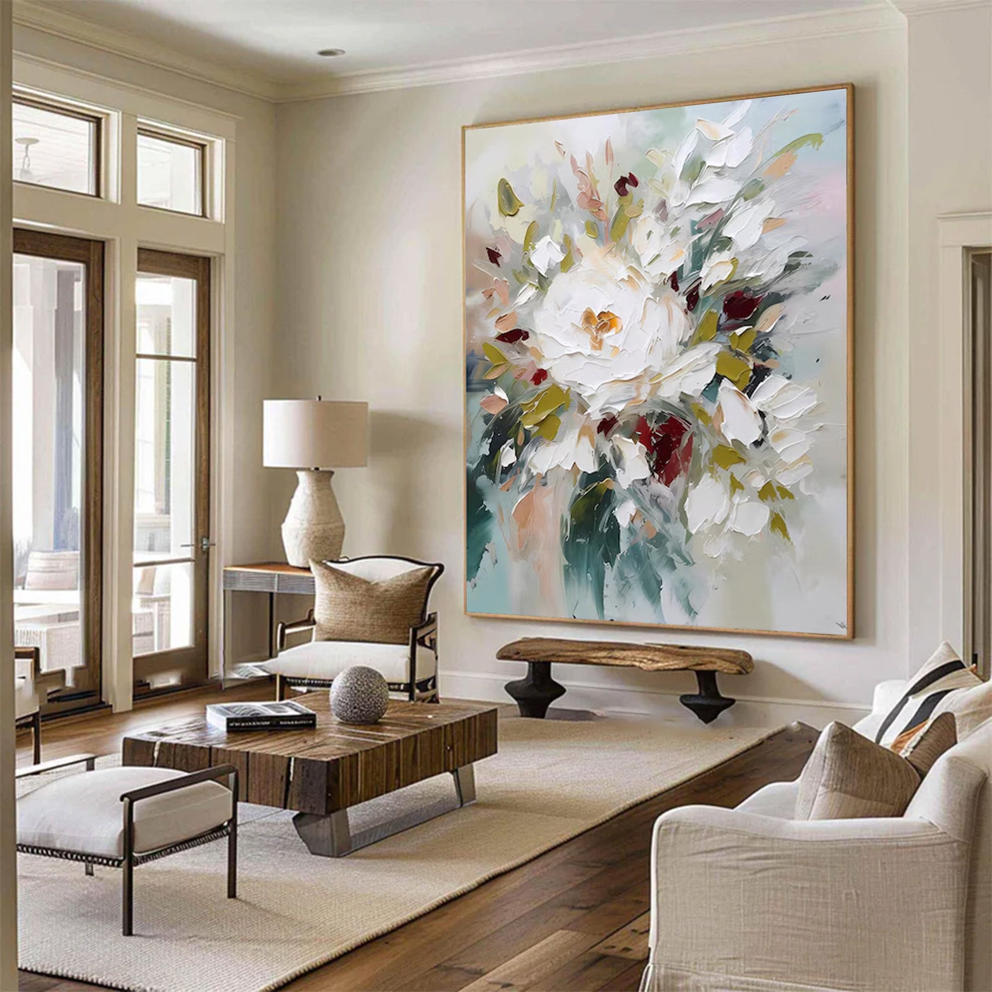 Large White Floral Abstract Art | KeiraArt #AG 108