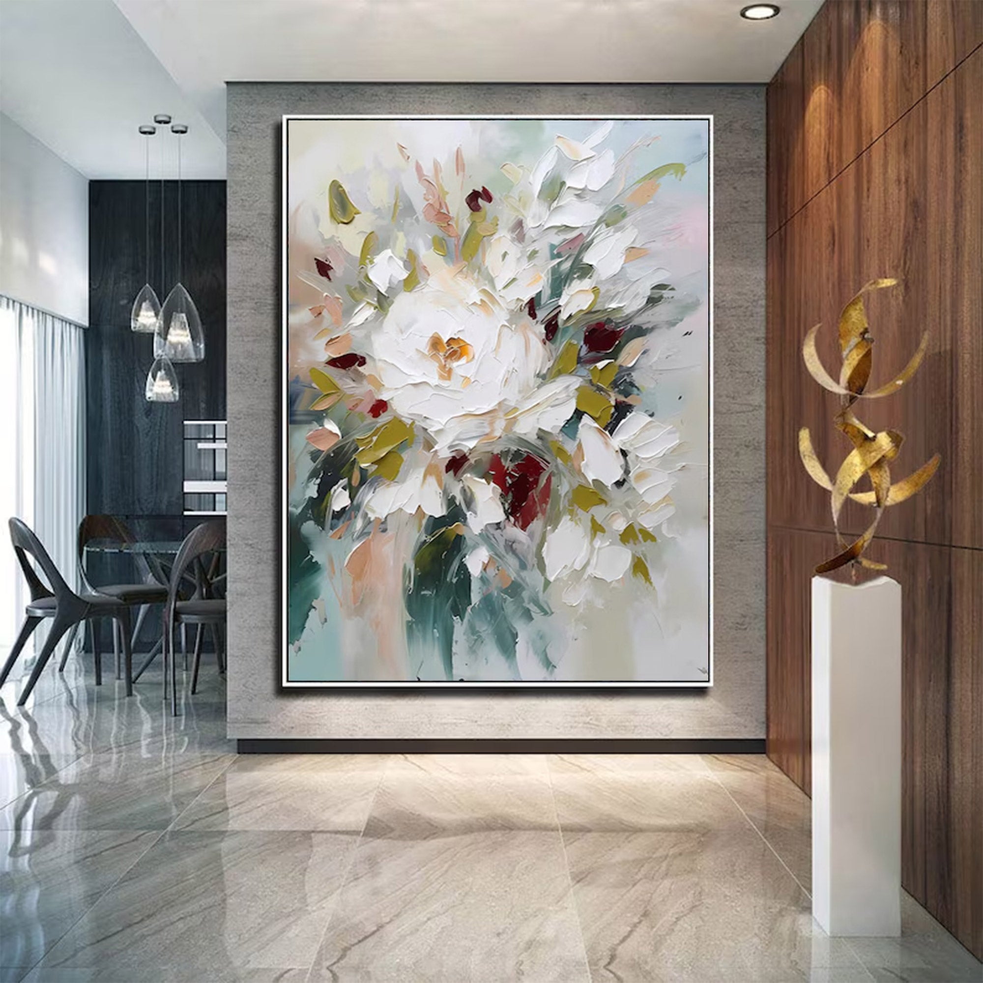 Large White Floral Abstract Art | KeiraArt #AG 108