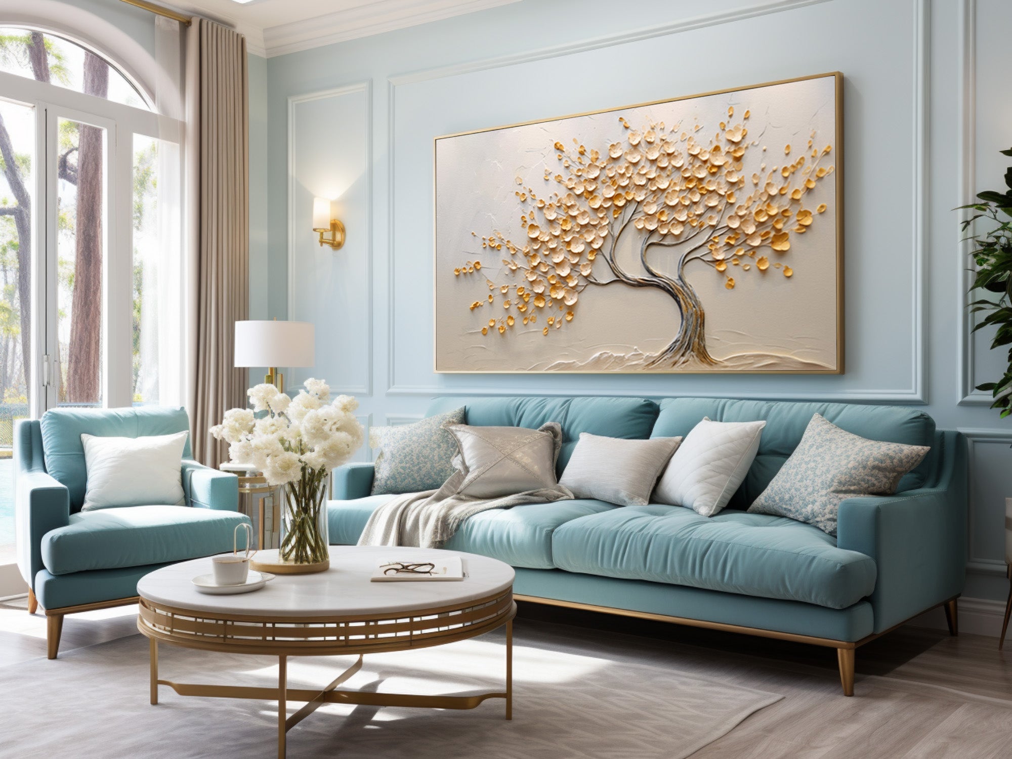 Golden Textured Tree Art Modern Living Room Decor #AG 092