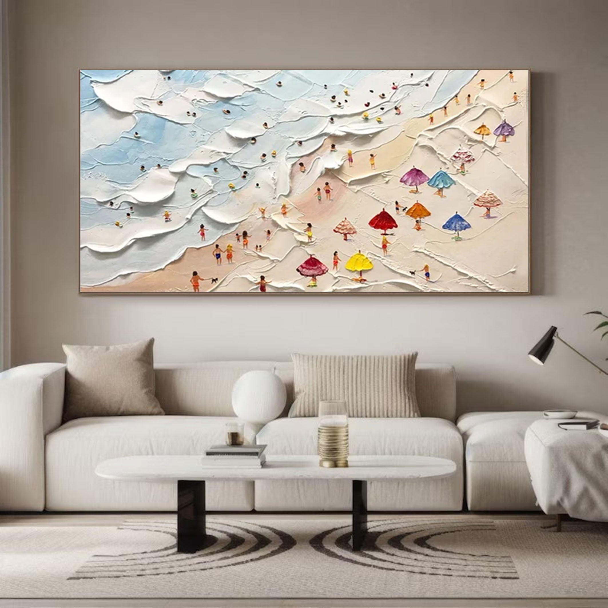 Sandy Stroll Large Textured Beach Scene with Colorful Umbrellas #OS 063