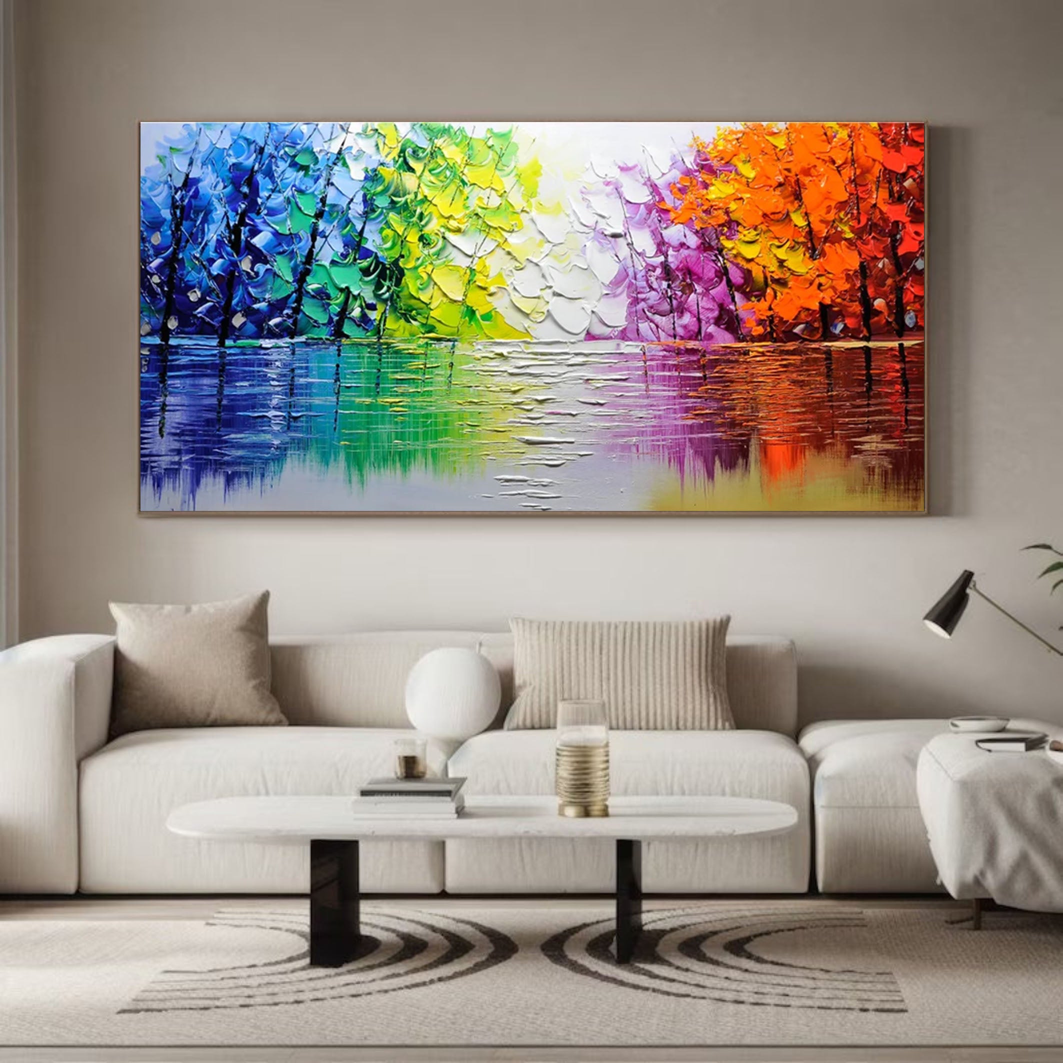Autumn Romance Vibrant Colorful Tree and River Landscape Painting #FT 046