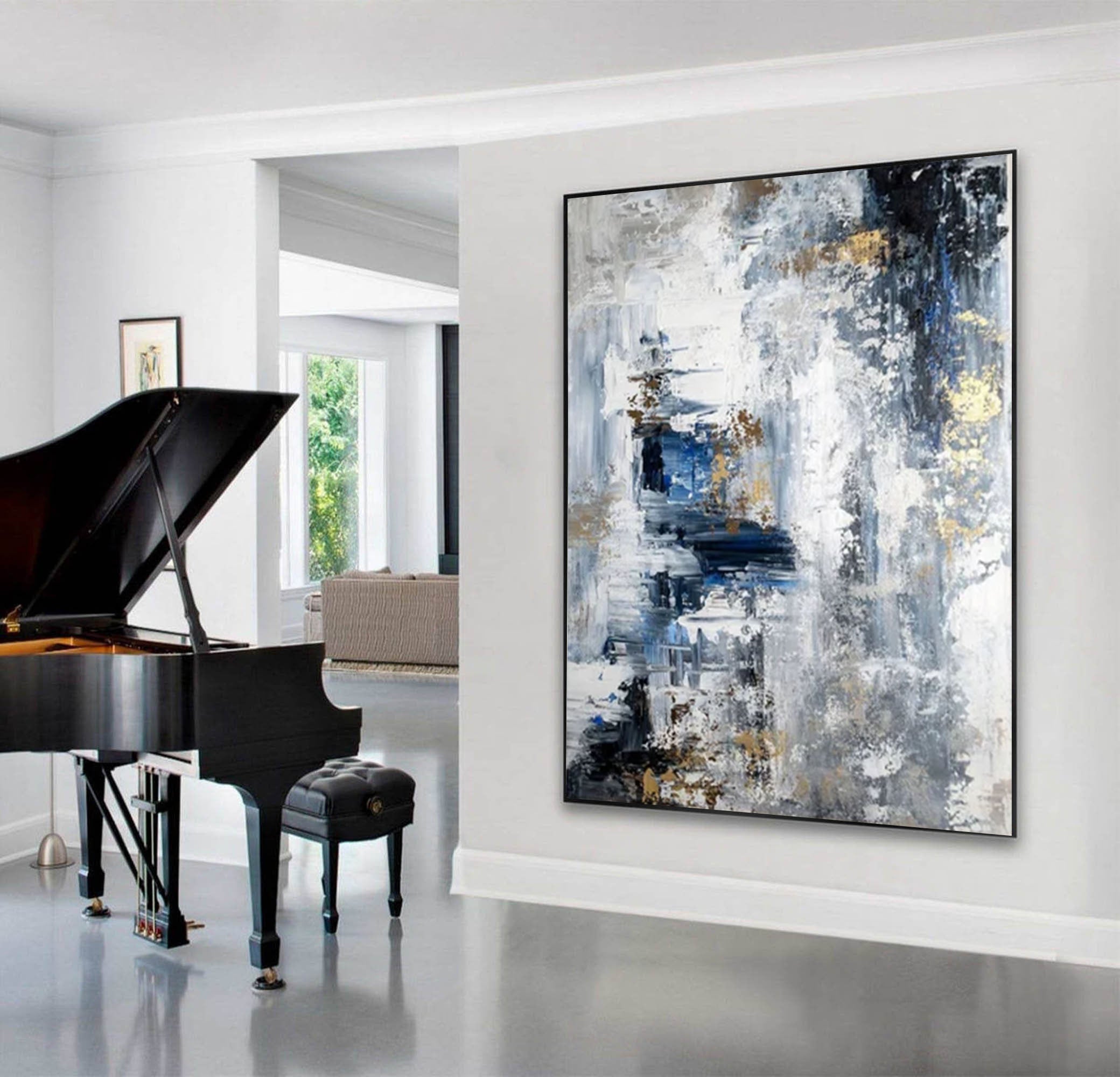 Large Modern Abstract Wall Art Blue and Metallic Painting #AP 062