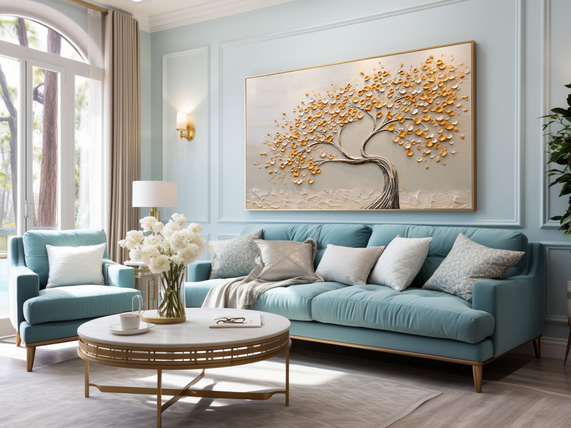 Neutral Tone Tree Artwork Hand Painted Gold Accents #AG 093