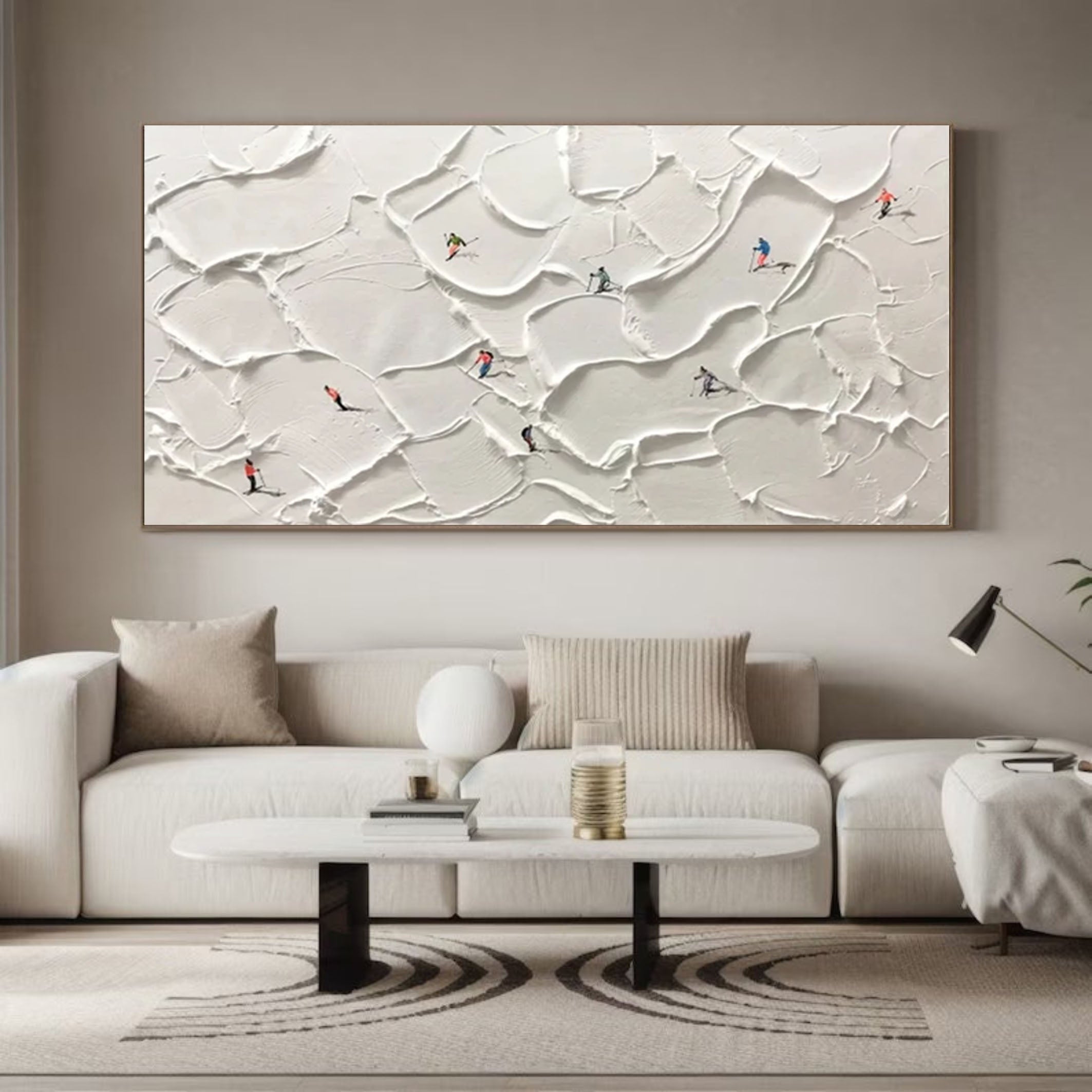 Winter Skiing Scene Wall Art Textured Canvas for Modern Mountain Home Decor #ASP 008